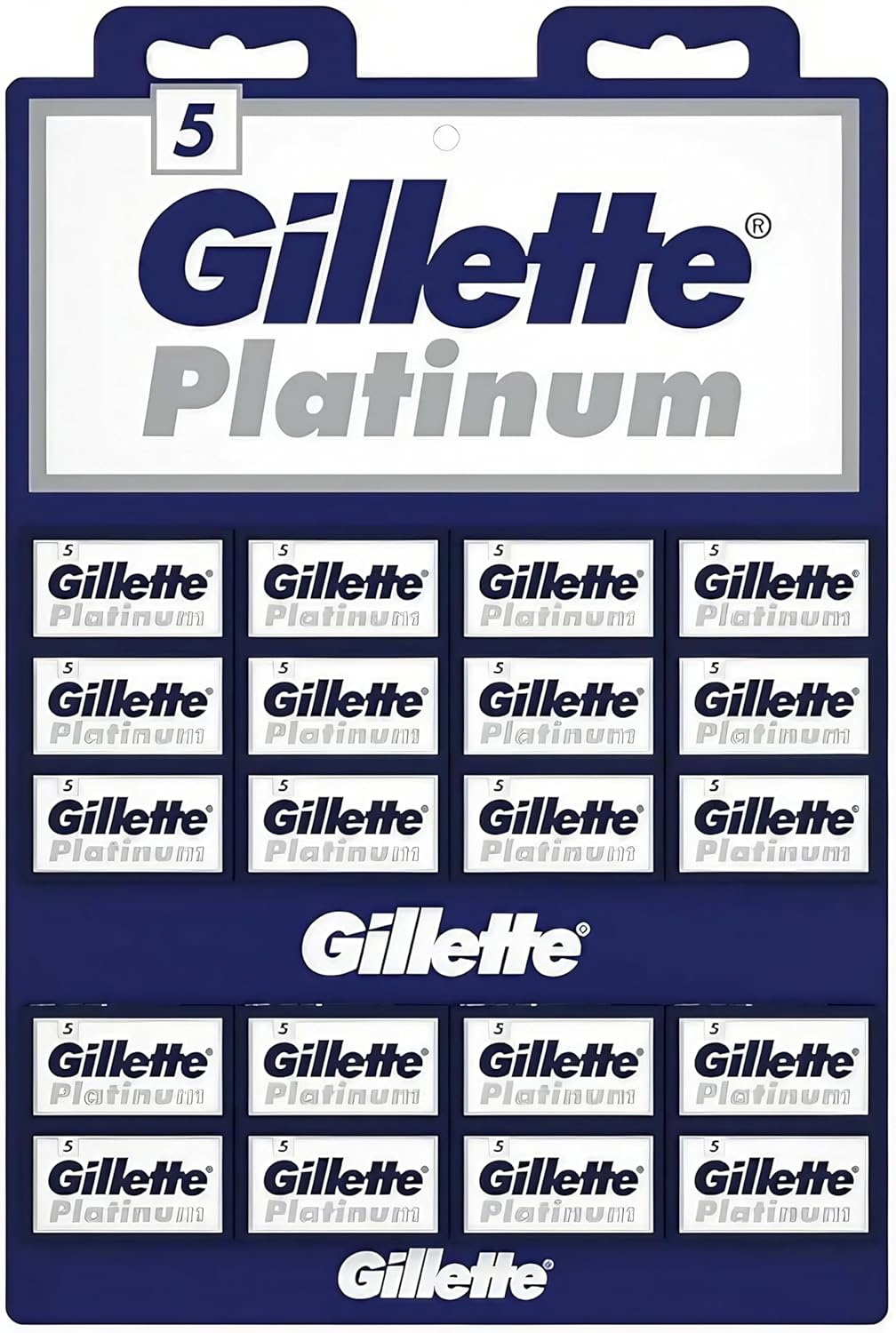 Gillette Platinum Double Edge Safety Razor Blades - 100 Blades on Display Card | 20 Dispensers of 5 Blades