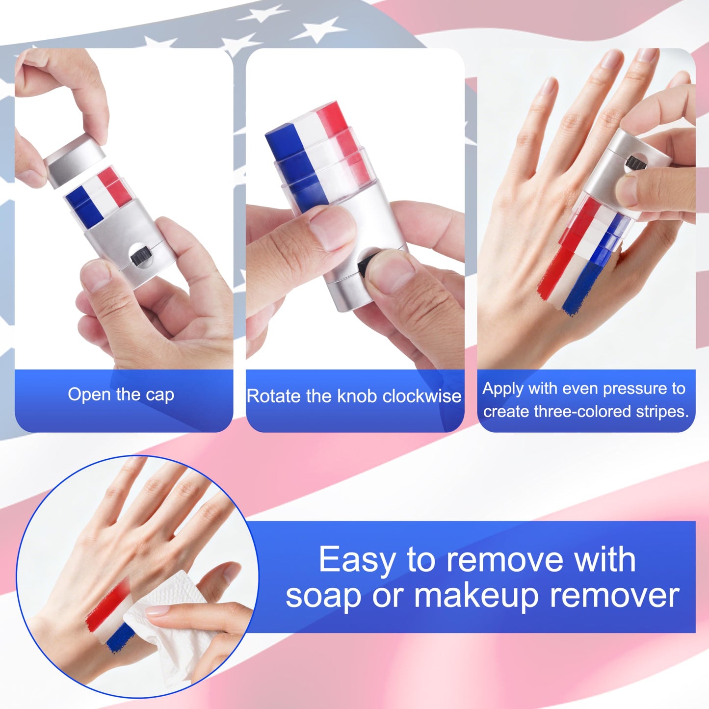 Red White and Blue Eye Black 2Pcs,4th of July USA Flag Face Paint America Independence Day,Baseball Eye Black,Netherlands Croatia France Soccer Fans Makeup for Game Day