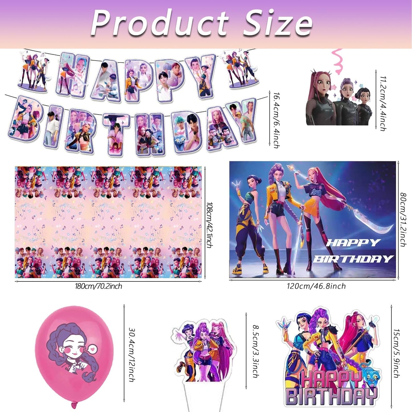 For K Pop Demon Hunters Party Supplies, 50 PCS Birthday Decorations Set Include Banner, Balloons,, Hanging Swirls, Cake Cupcake Toppers, Tablecloth for Boys Girls Hunters Theme Party