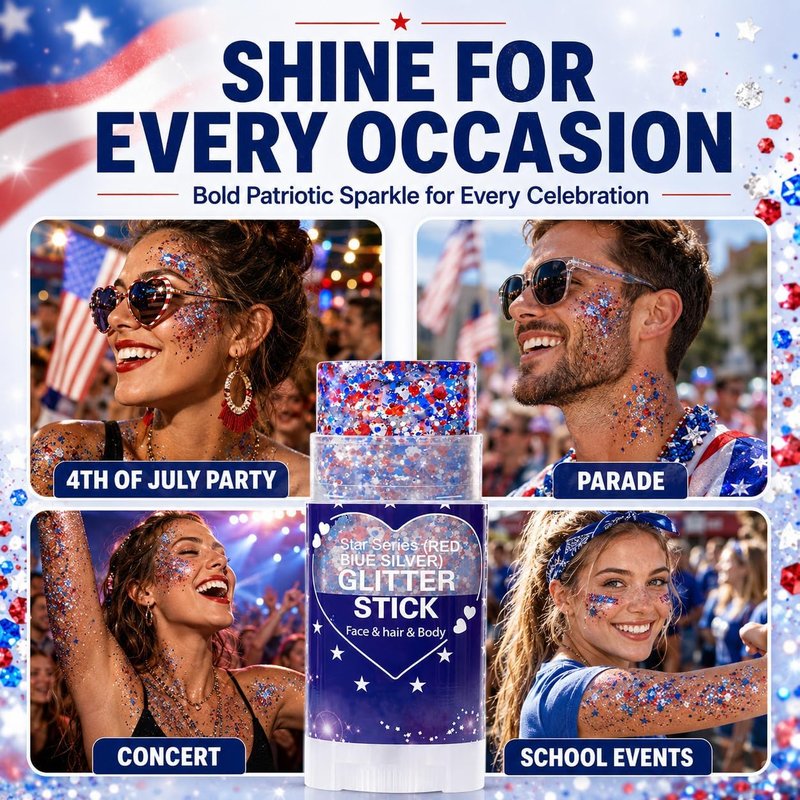 Patriotic Hair Glitter Stick - Red, White & Blue Face & Body Glitter for 4th of July | Waterproof Makeup for Independence Day Celebrations