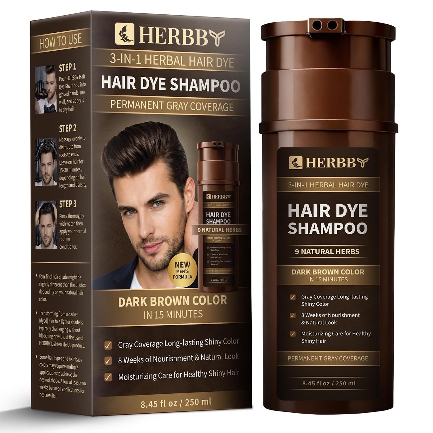 HERBBY Hair Color Shampoo for Gray Coverage | 9 Herbal Extracts for Shiny, Even Color - 250 ml (Blonde Brown)