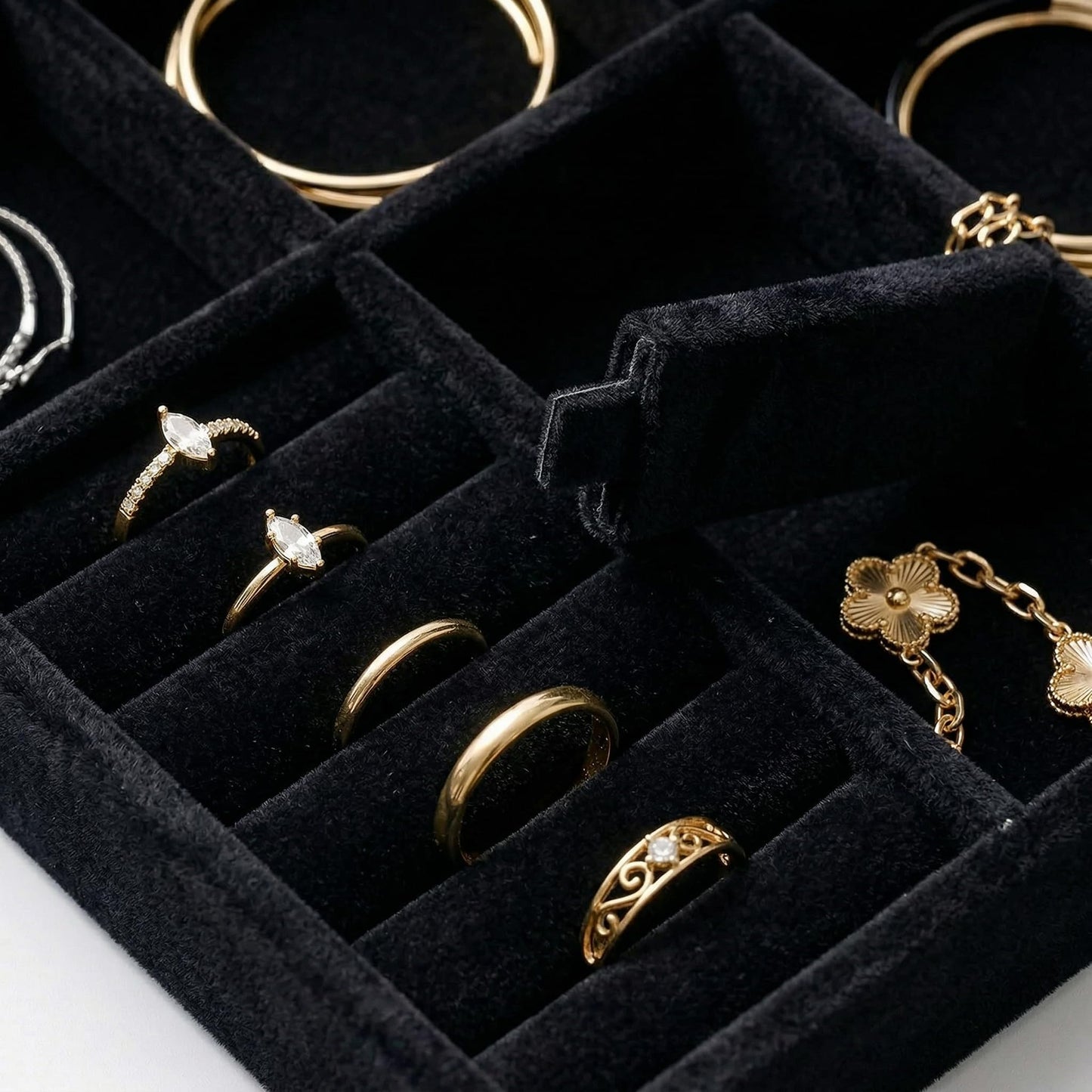 Velvet Jewelry Drawer Organizer Trays, 4-Layer Stackable Jewelry Storage Inserts Set, BLACK Jewelry Tray Set for Earrings, Rings, Necklaces and Bracelets, Removable Dividers for Dresser Drawer