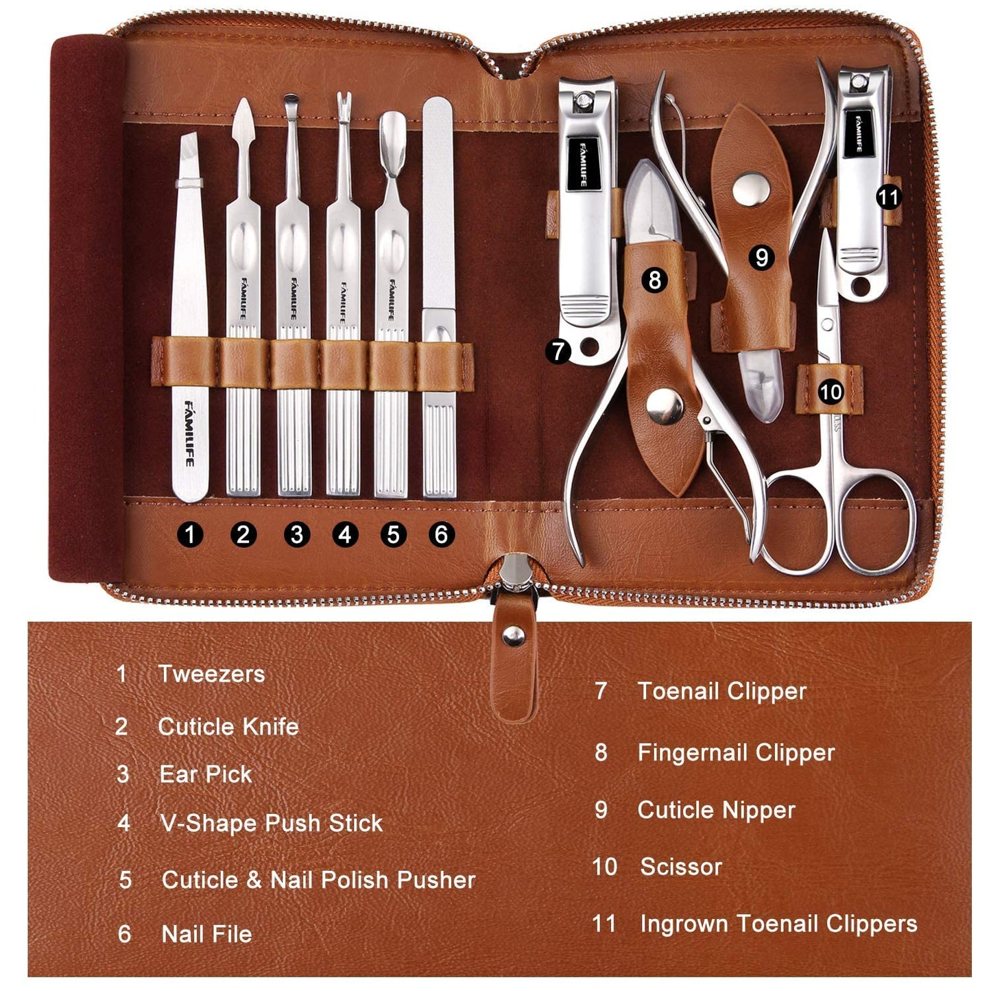 FAMILIFE Manicure Set, 11 in 1 Professional Manicure Kit Nail Clippers Set, Stainless Steel Pedicure Tools Toe Nail Kit, Men Grooming Tool with Portable Brown Leather Travel Case Gifts for Men Women