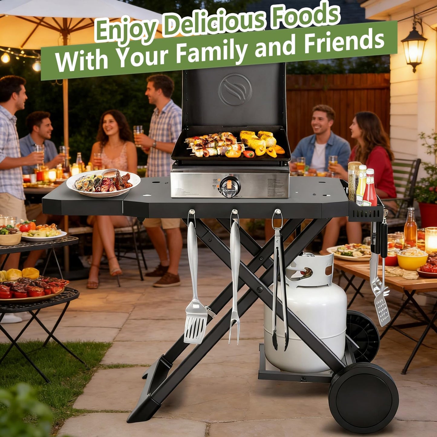 Barbqtime Portable Grill Cart for Blackstone 17" & 22" Griddle, Foldable Grill Table with Propane Tank Holder, Outdoor Portable BBQ Grill Stand for Backyard, Camping, Tailgating