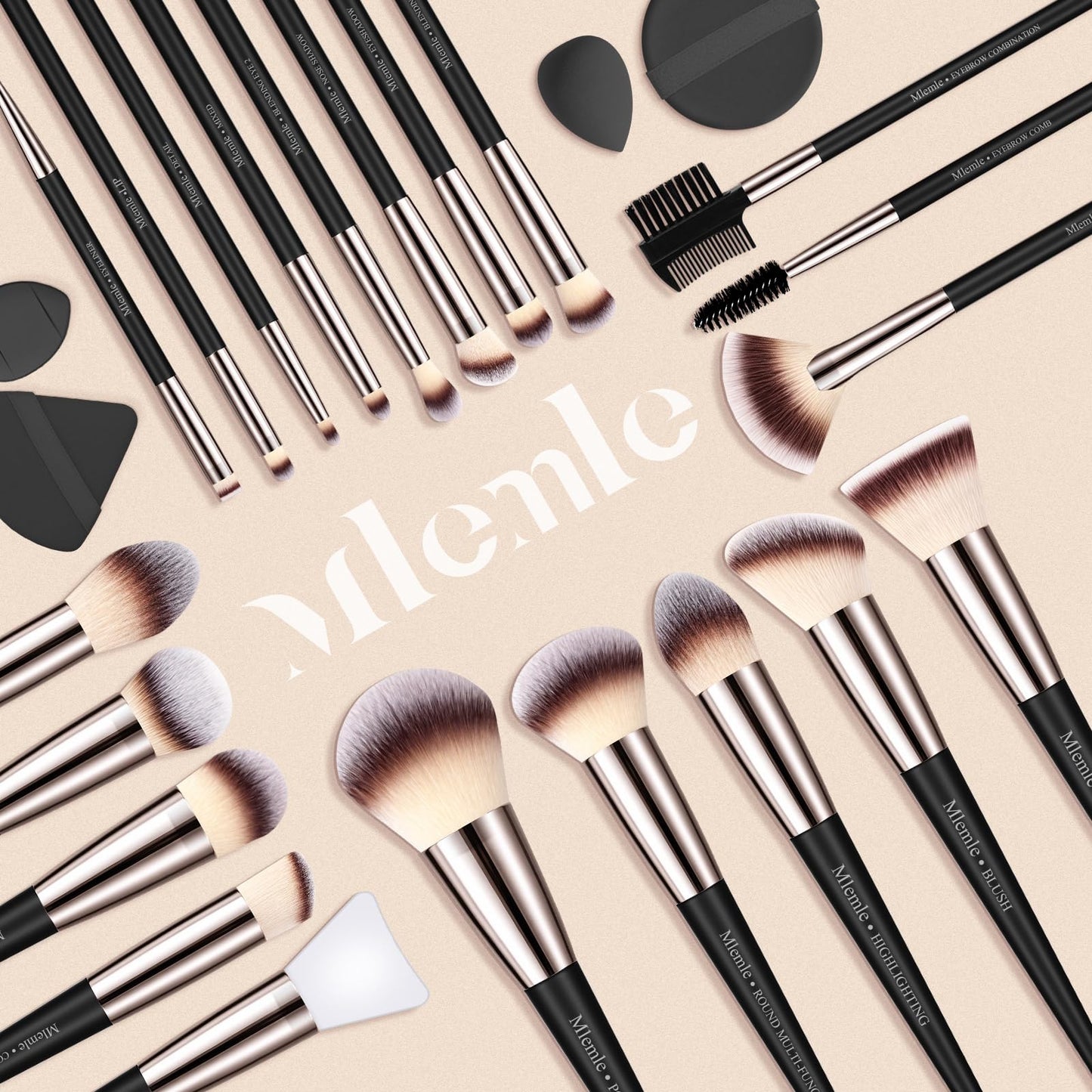 Makeup Brushes Set, Mlemle Professional 25 Pcs Makeup Kit, Include Powder Foundation Concealers Blush Eye shadows 21 Pcs Makeup Brushes and 2 Powder Puff, 2 Makeup Sponge(B02-CreamBlack)