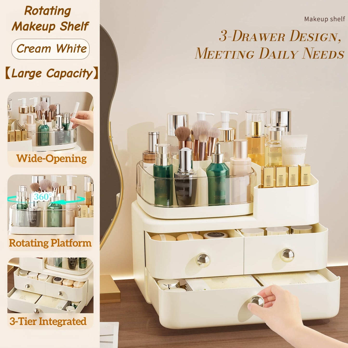 Makeup Organizer with Drawers and 360° Rotating Brush Holder,make up organizers for counter,Large Capacity Cosmetic Storage for Vanity,Skincare,Perfume
