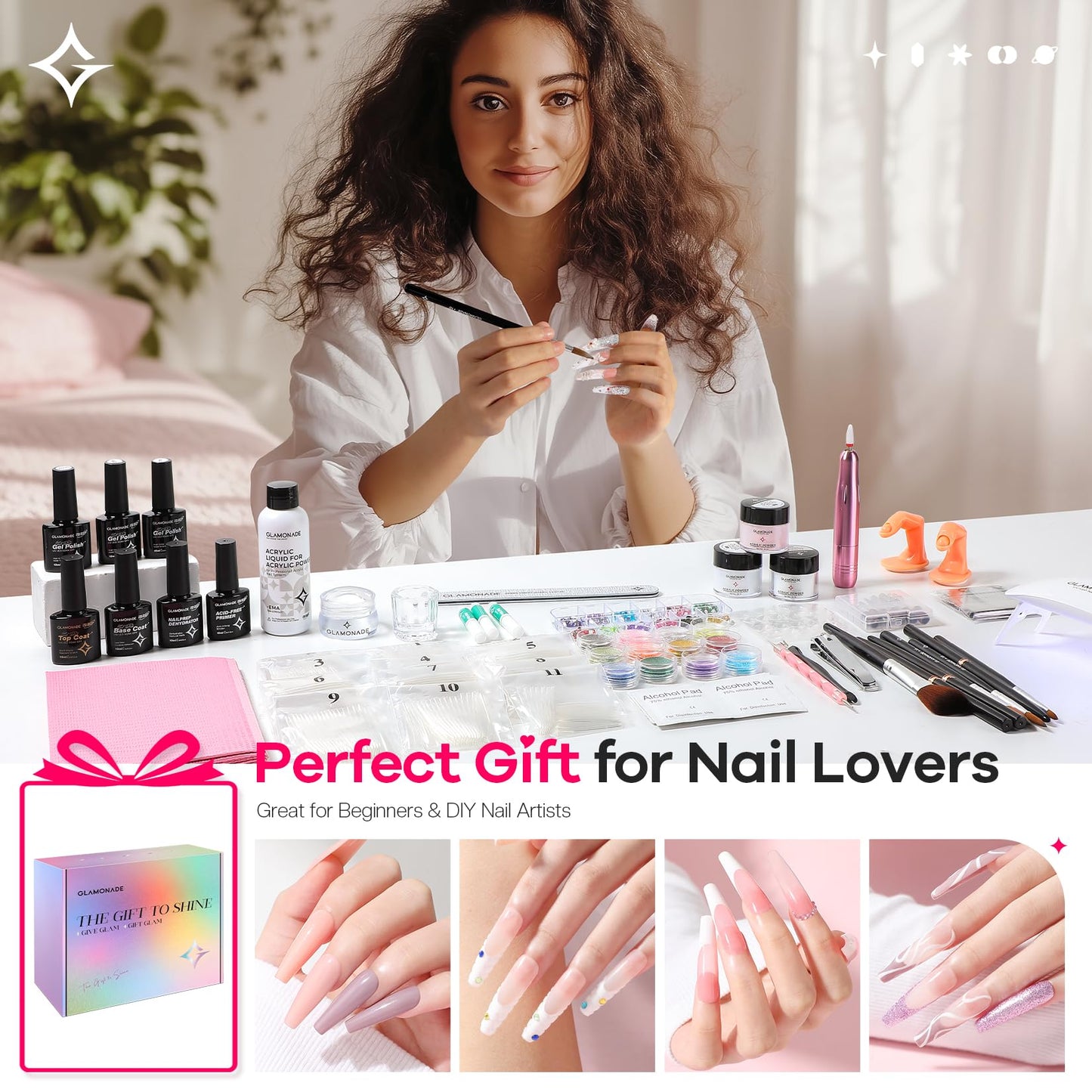 Glamonade Acrylic Nail Kit for Beginners: Professional Nail Set with Drill Acrylic Powder Gel Polish Nail Stamp for Home Starter Practice & DIY Manicure