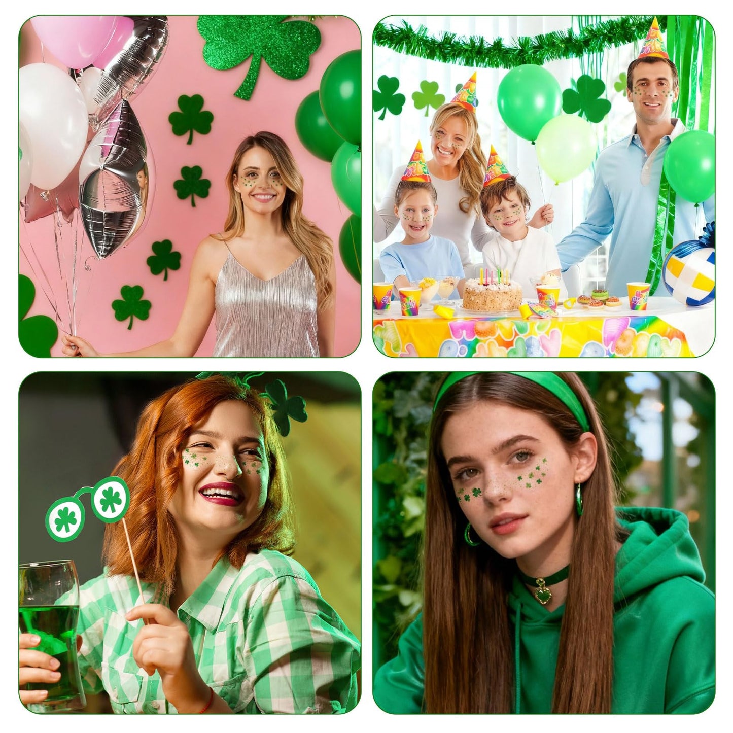 St. Patrick’s Day Temporary Tattoos - 6Pcs Glitter Shamrock & Four-Leaf Clover Face Stickers for Party
