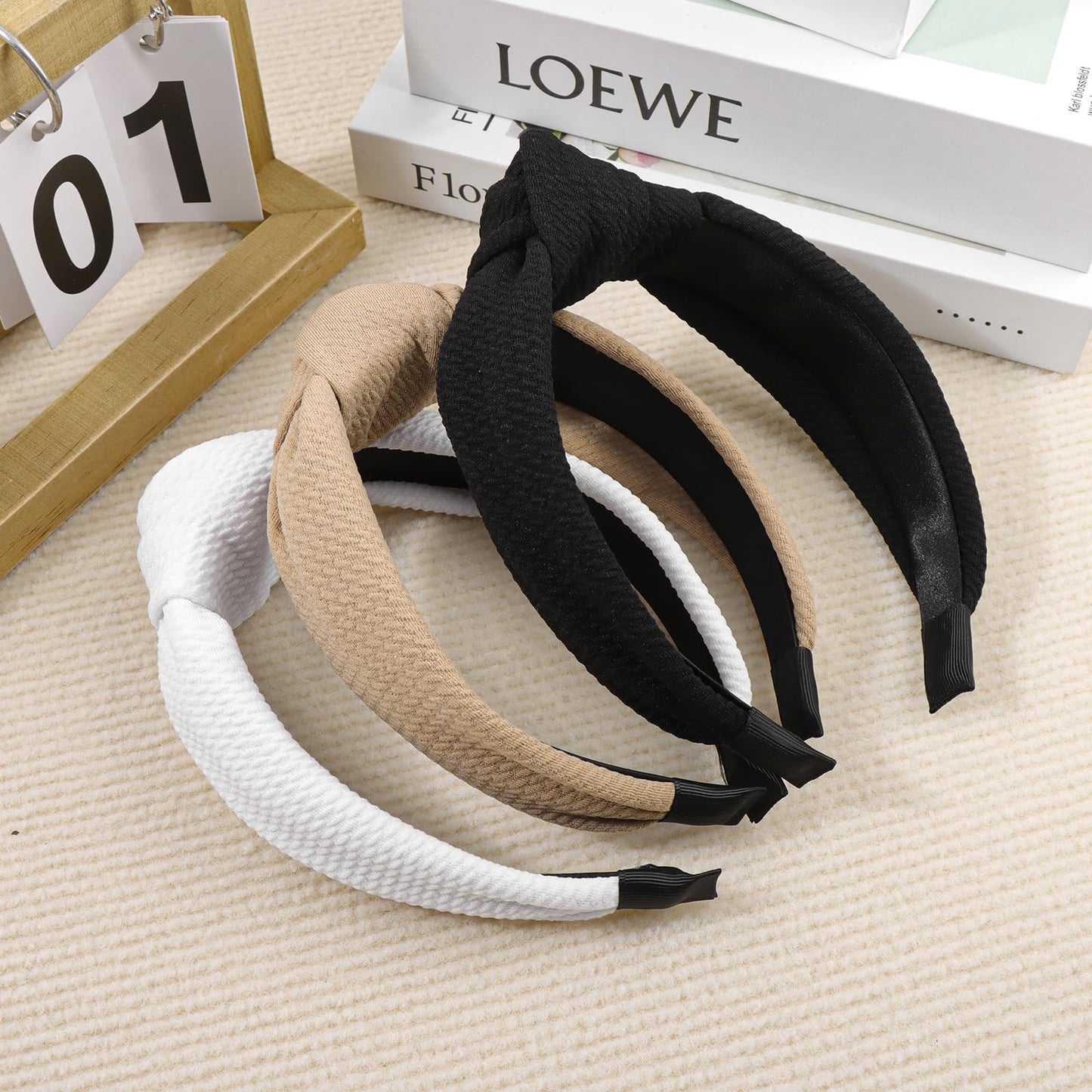 YanJie Knotted Headbands for Women and Girls Non Slip Hair Band Wide Bow Headband Fashion Waffle Head Band Hair Accessories Black and White 3PCS