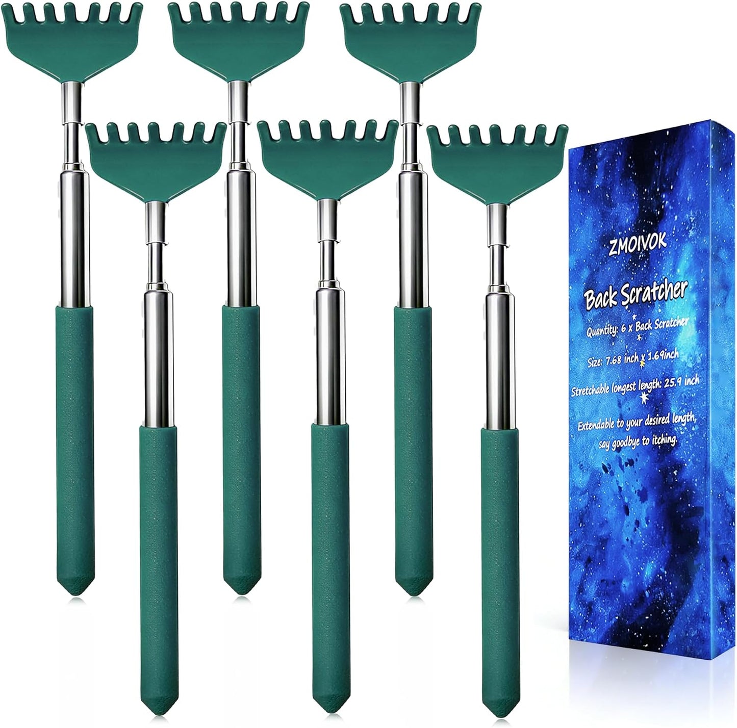 Back Scratchers Set - 6 Pack Extendable Rubber Handle & Stainless Steel Heads | Perfect Gift for Thanksgiving & Christmas