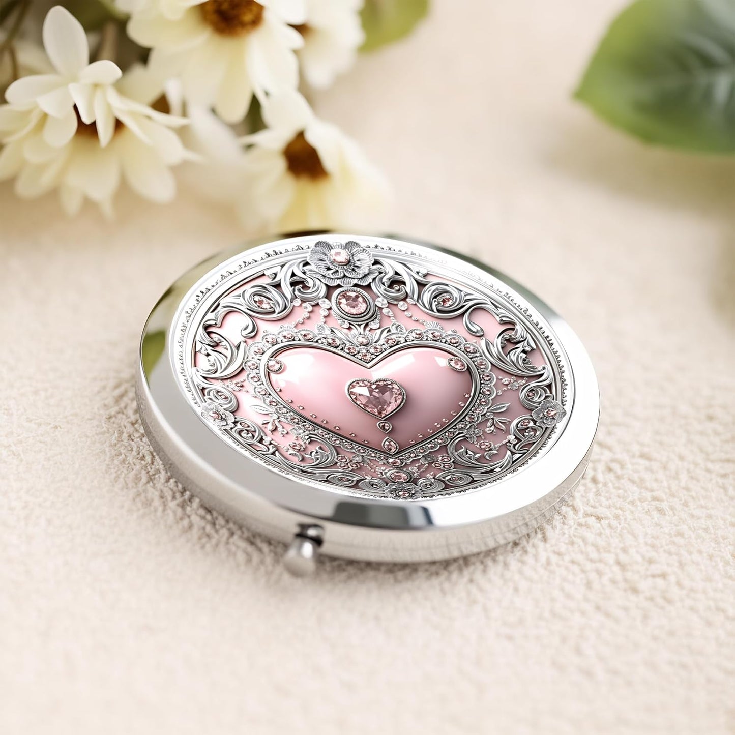 Silver Compact Mirror - Double-Sided Folding Makeup Mirror with Pink Heart Design | 2.8x2.8 Inch Ideal Gift for Women