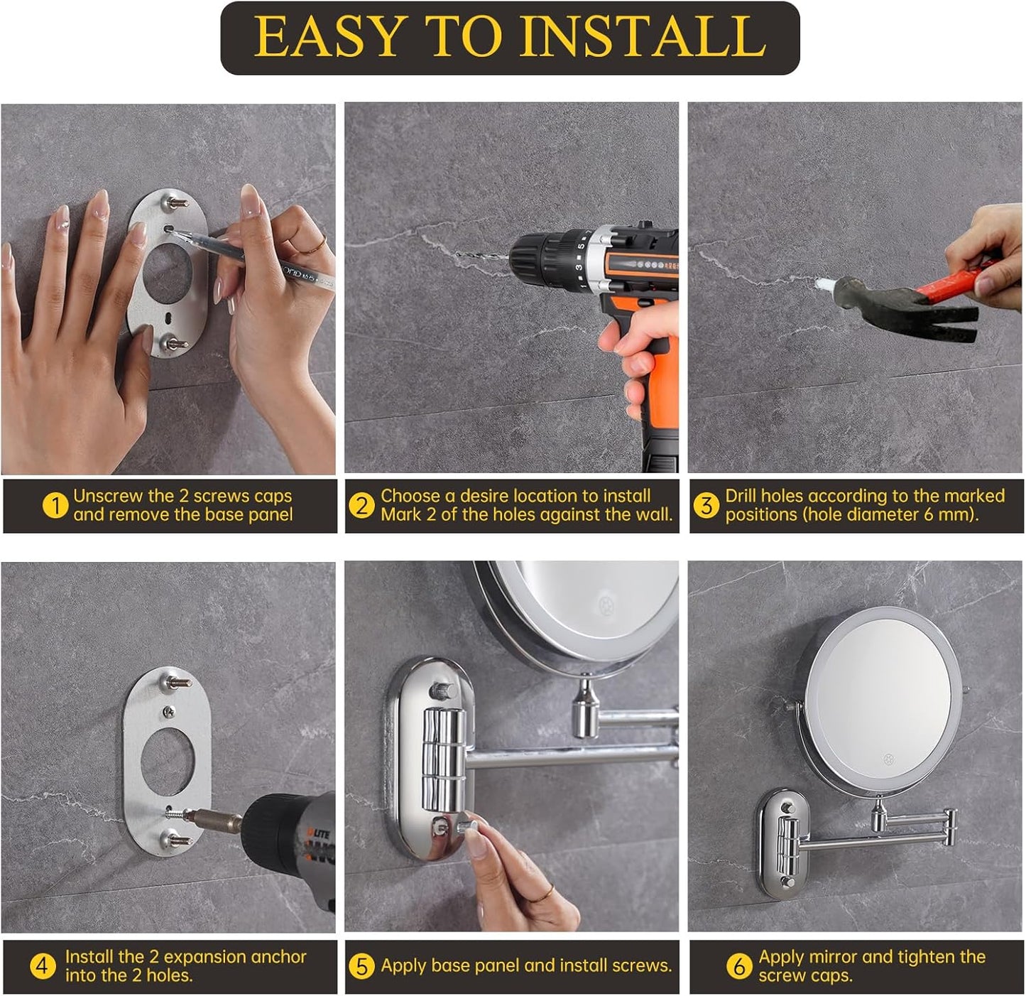 Rechargeable Wall Mounted Makeup Mirror with Lights - 3X/20X Magnification, 3 Color Options, Touch Dimmable, 360ยฐ Rotation