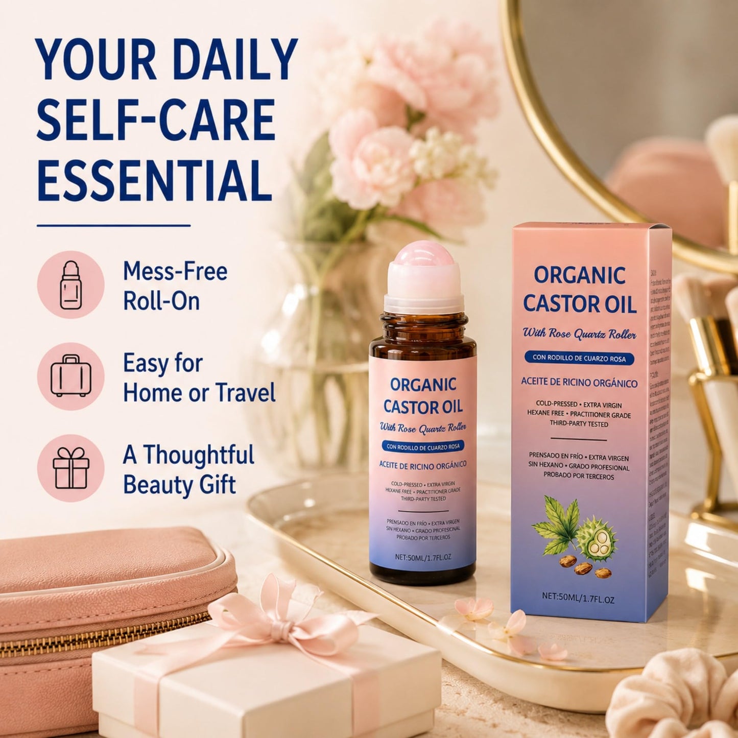 Organic Castor Oil Roll On, 100% Pure Castor Oil with Real Rose Quartz Roller Ball, Cold Pressed Castor Oil for Hair, Eyelashes, Eyebrows, Skin & Nails, Mess-Free Face Roller Beauty Oil, 1.7 fl oz