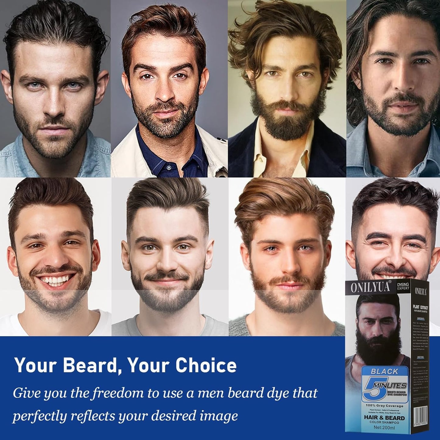 Men's Black Hair Dye - Long-Lasting Gray Coverage & Quick 5-Minute Beard Shampoo | 3-in-1 Solution
