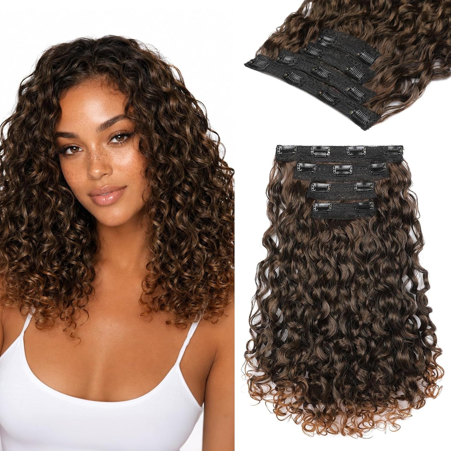 Curly Hair Extensions - 4PCS 18" GoGo Curly Clip-Ins | 100% Protein Hairpieces, Honey Blonde Highlights