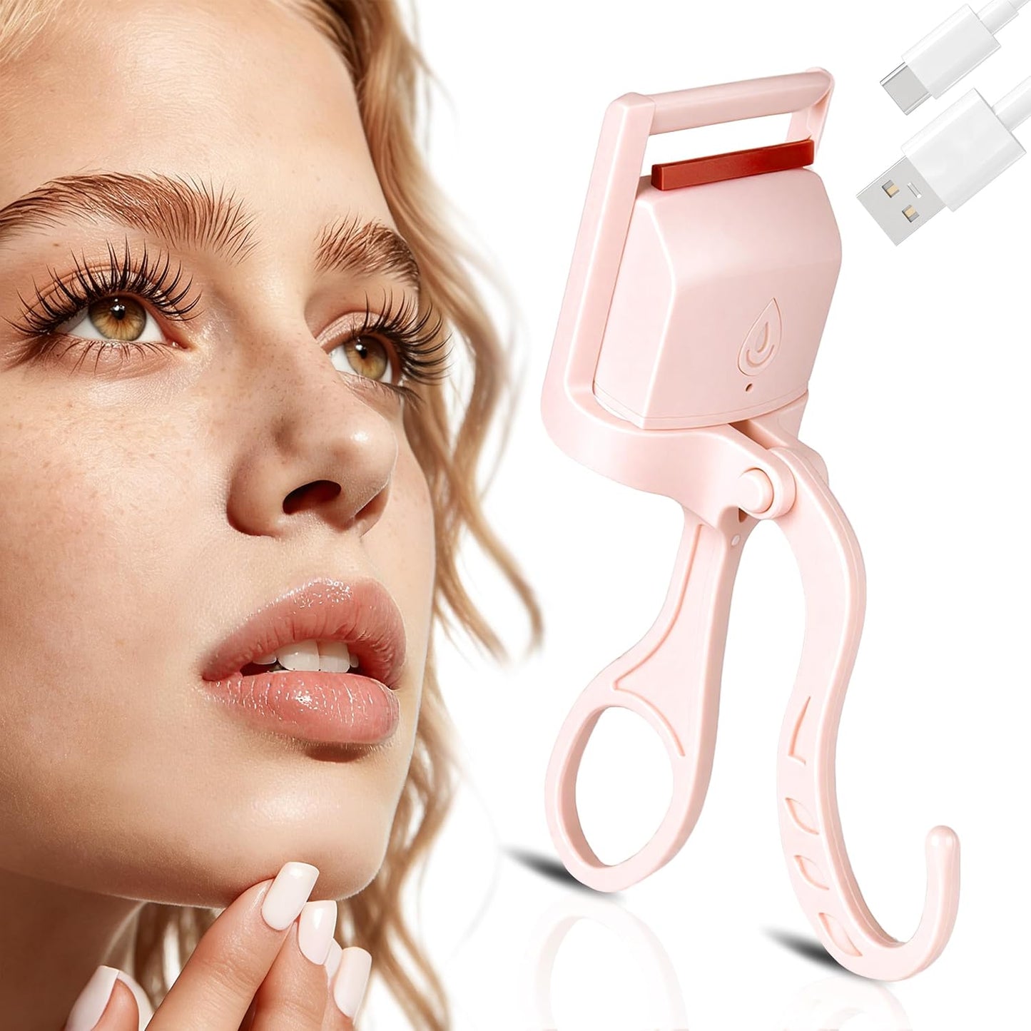 Heated C-Shaped Eyelash Curler - Portable & Rechargeable | Quick Natural Curl, Safe Anti-Burn Design, Pink