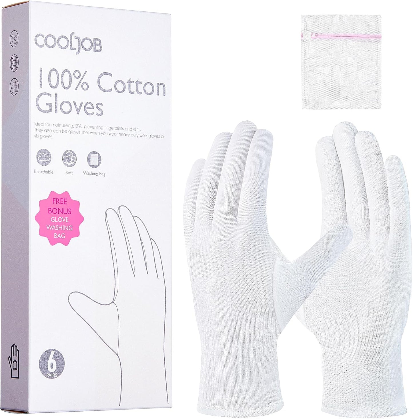 Cotton Gloves for Dry Hands | 6 Pairs Moisturizing Eczema Treatment, Medium Size, Breathable Work Glove Liners