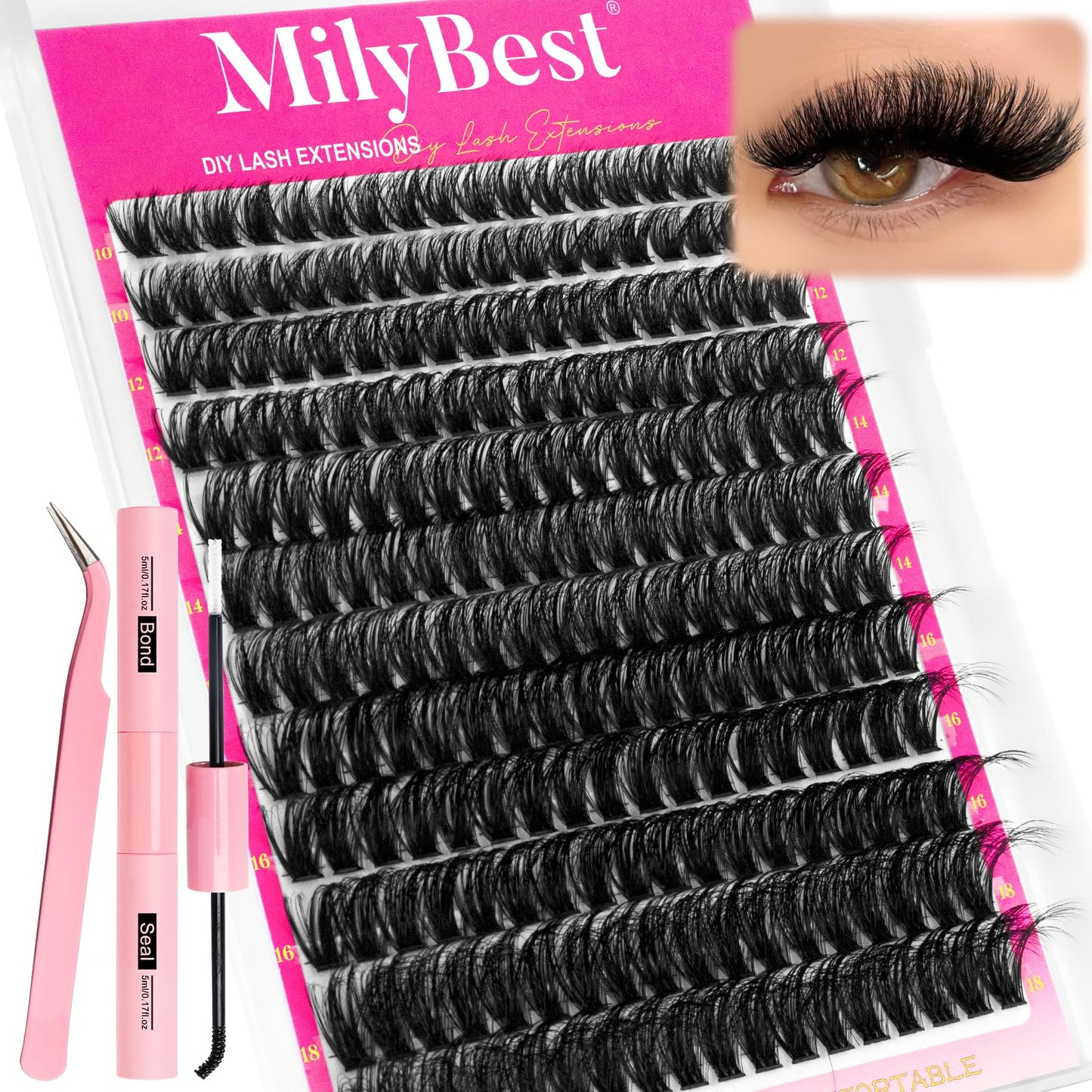 MilyBest Lash Clusters Kit Wispy, 10-18mm Fluffy Volume 80D Individual Eyelash Clusters - Reusable DIY Lash Extension Kit for Beginners, Thick Cluster Eyelash Extensions with Bond and Seal Tweezers