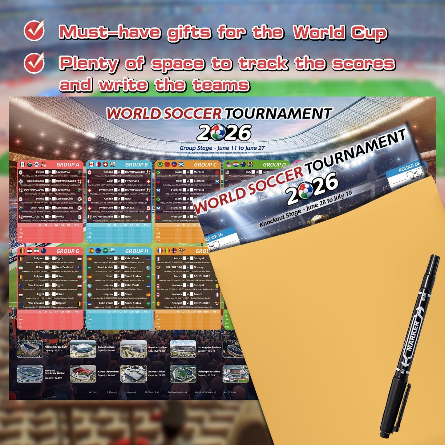 AhfuLife Large World Cup Tournament Schedule Poster, A2 Size-23.3" x 16.5", 2 Pcs Soccer Calendar Wall Chart Decorations, 2026 Soccer Tournament Wallchart for Fans Home Office Bar Party Decor (A2-Folded)