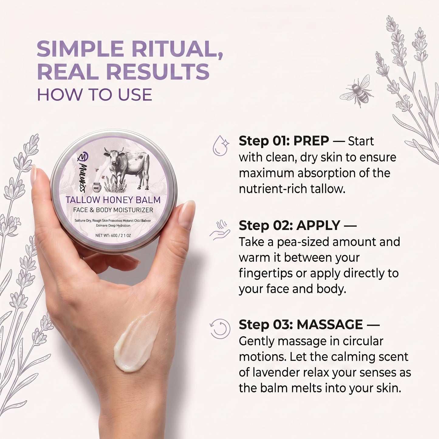Beef Tallow for Skin – 2 Pcs Tallow and Honey Balm with Lavender Essential Oil, Beef Tallow for Face & Natural Tallow Face Moisturizer, Grass-Fed Tallow and Raw Honey Balm, Nourishing Hydrating Balm