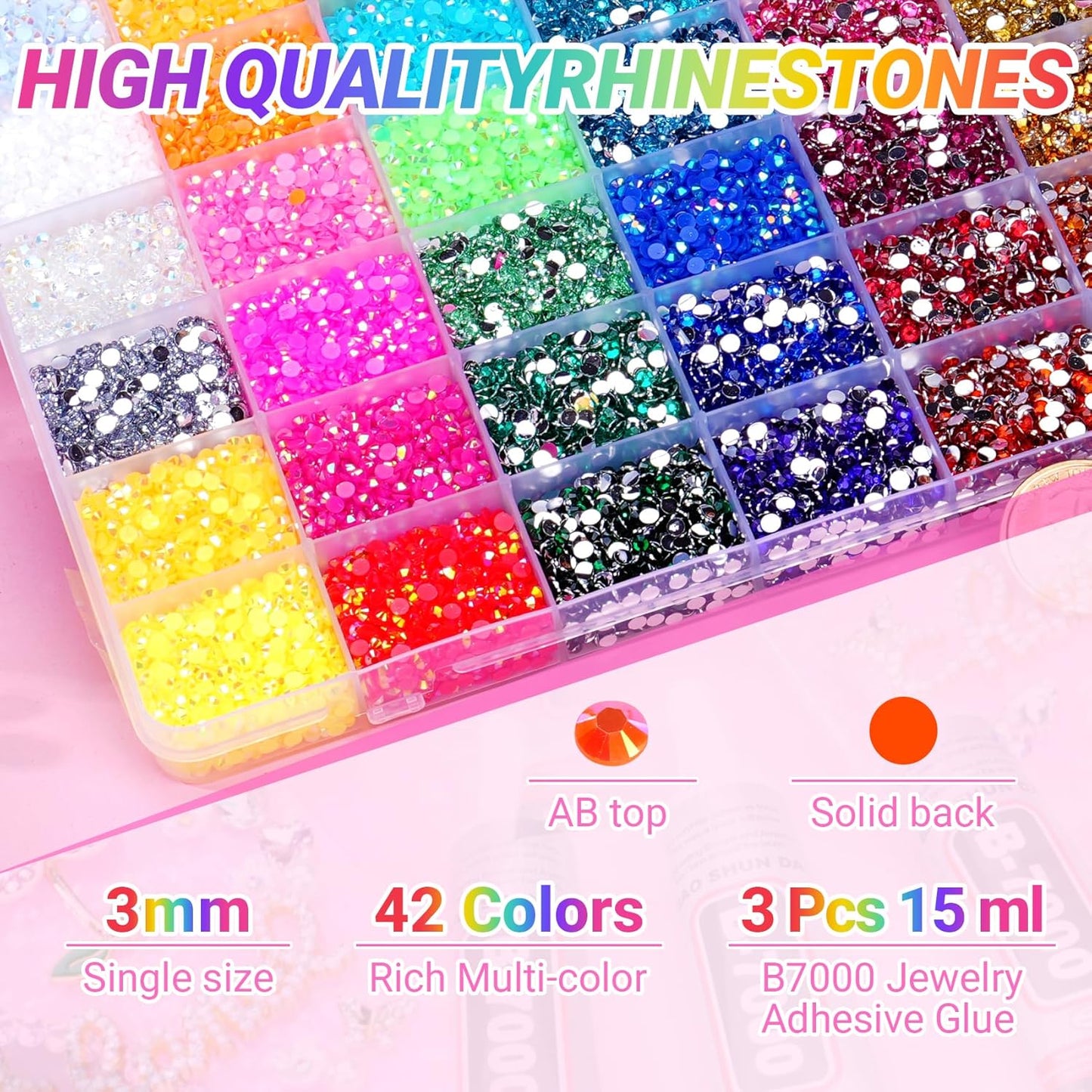 Jelly Rhinestones - 46000 Pcs 42 Colors Flatback Gems for Crafting | 3mm Multicolor with B7000 Glue
