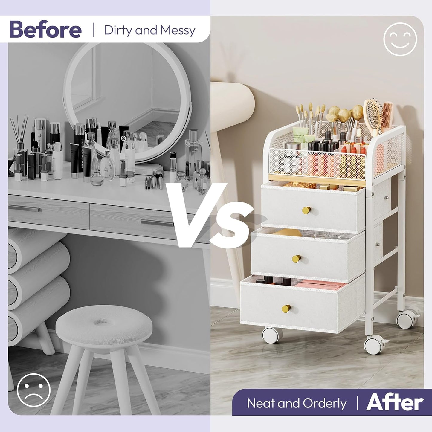 Rolling Makeup Organizer Cart - Under Desk Vanity Storage with 3 Drawers | Cosmetic Display & Nail Tool Cabinet