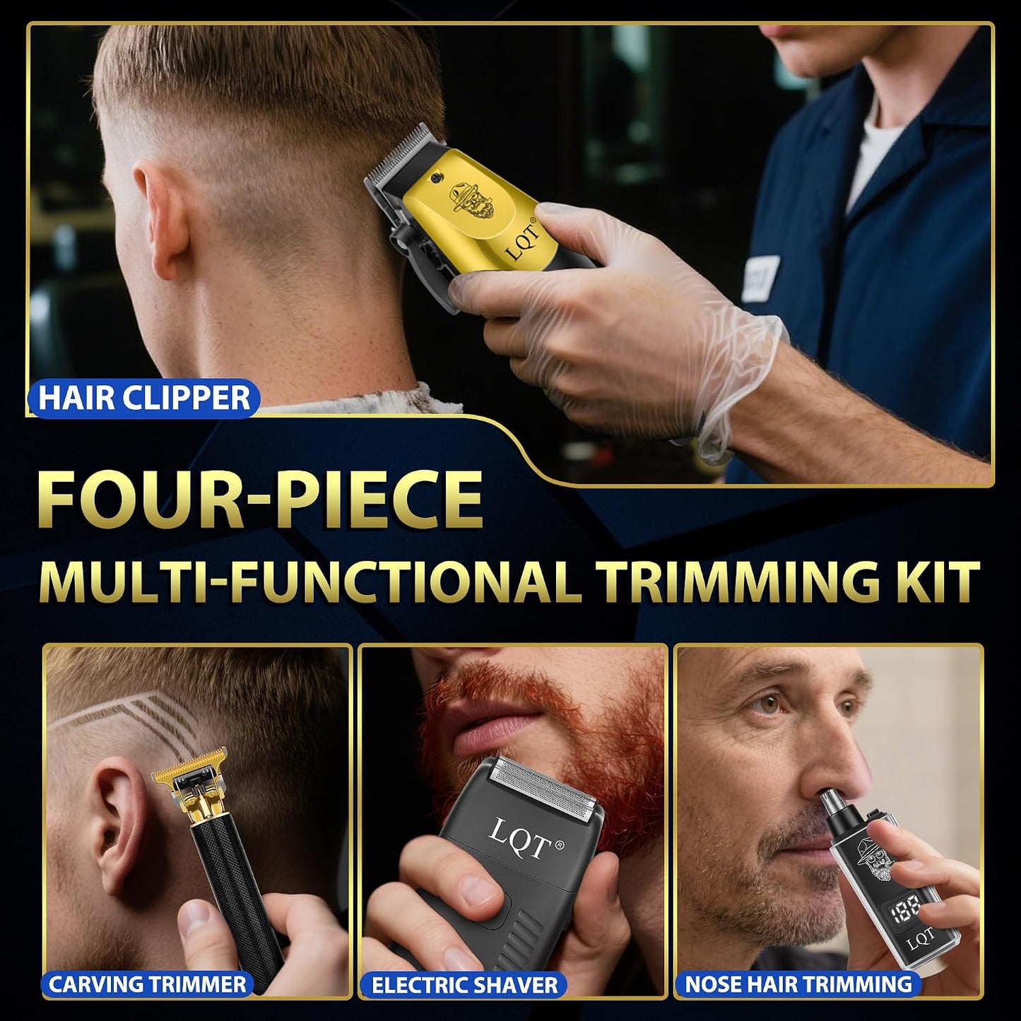 Hair Clippers for Men - Cordless Grooming Kit with LED Display | 4-Piece Rechargeable Set for Home Use (Black Gold)