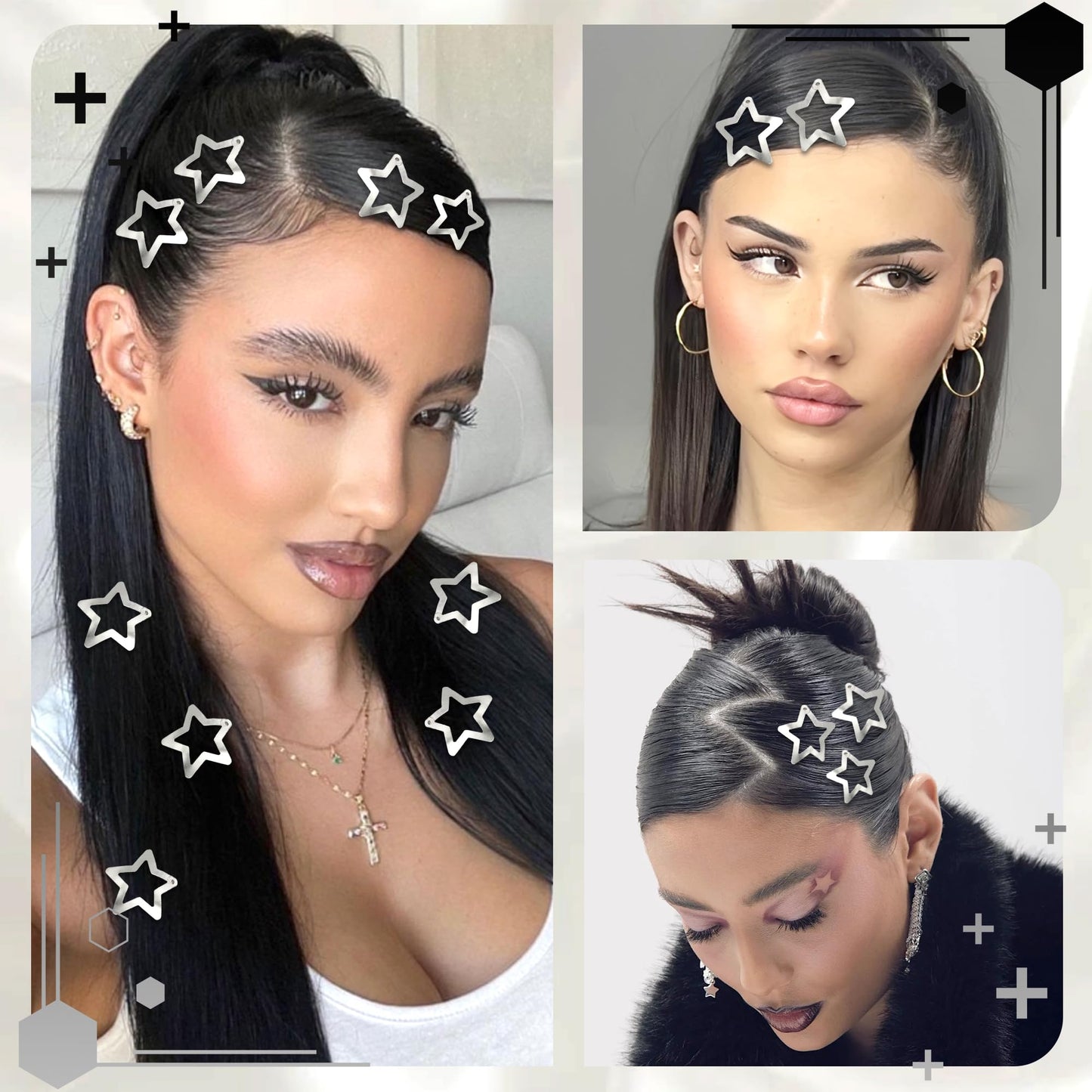 NAISKA 24PCS Star Hair Clips 2000s Y2K Hair Barrettes Silver Non Snap Clips for Cool Girls Metal Pins Star Alligator Clip Rave Hair Accessories for Women Girls