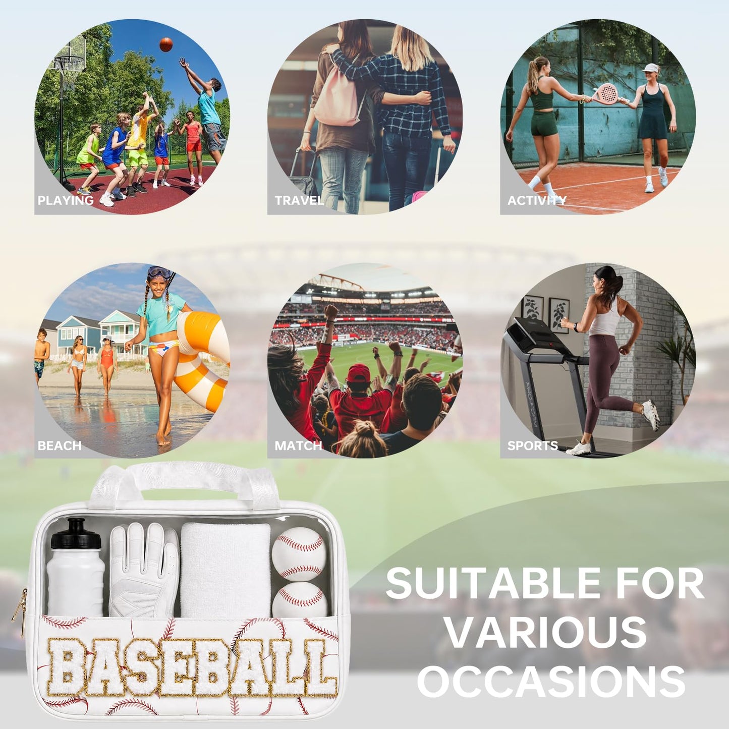 PPeen Baseball Mom Essentials Baseball Team Gifts Makeup Cosmetic Bag Clear Chenille Letter Zipper Pouch Stuff Sport Portable Travel Case