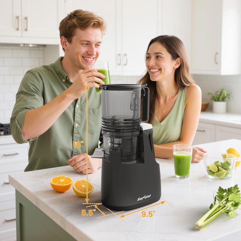 Sunvivi Cold Press Juicer with 5.9" Wide Feed Chute, 150W Slow Masticating Juicer Machines Fit Whole Vegetables & Fruits, Easy to Clean, Dual-Layer Strainer, High Yield Juicer for Home, Black