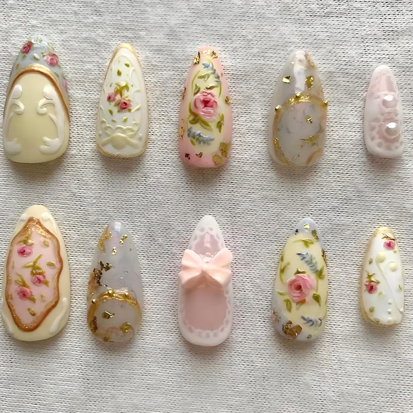 Press-On Nails - 24Pcs Medium Almond Fake Nails with Lotus & Lucky Koi Design | Glossy Full Cover for Spring/Summer DIY Manicure