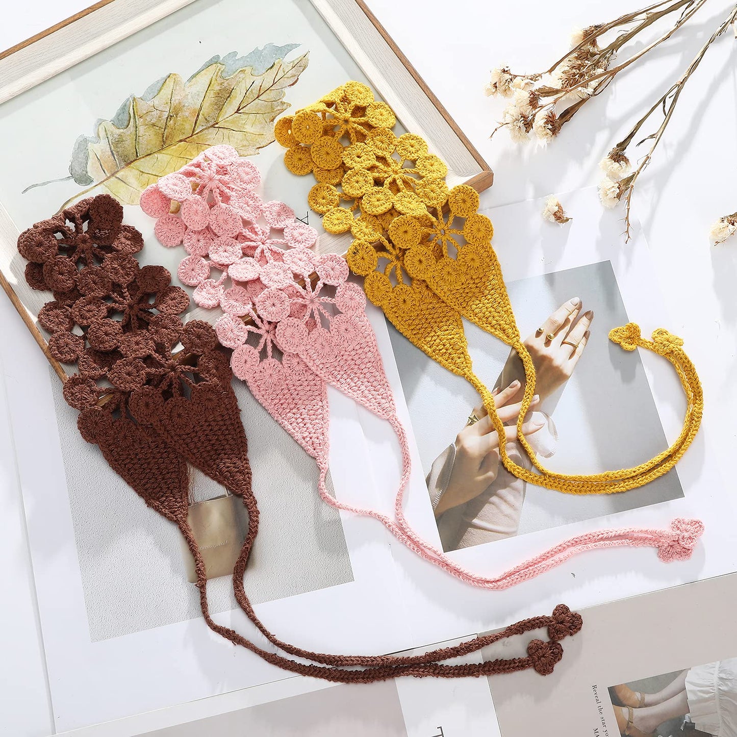 CHLINS Floral Daisy Handmade Bohemian Knit Head Wraps - 3PCS Elastic Headbands for Women and Girls