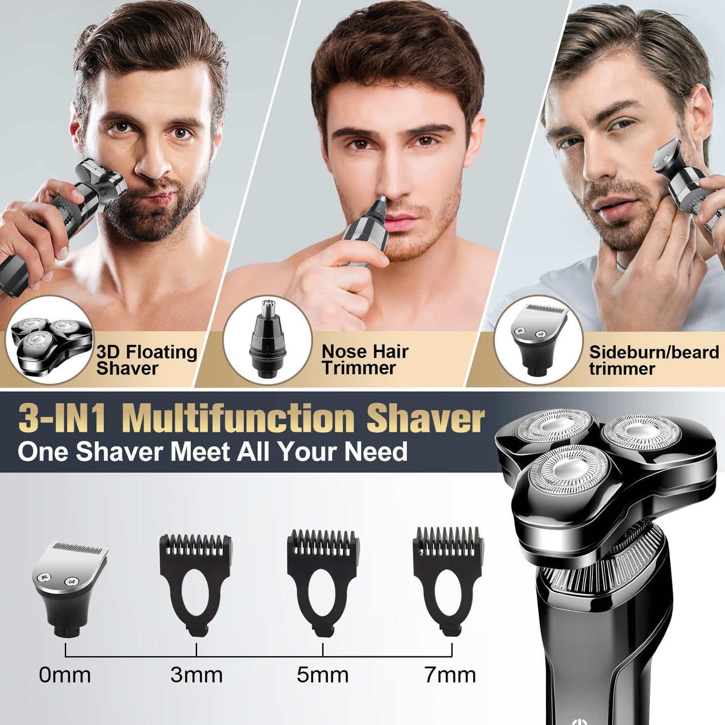 Men's Electric Razor, Upgraded 4D Floating Magnetic Blade Head Rotary Shaver, 3-in-1 Multifunctional for Beard/Nose/Sideburns, IPX7 Waterproof Rechargeable Cordless Shaver, Turbo Speed, Gift for Men