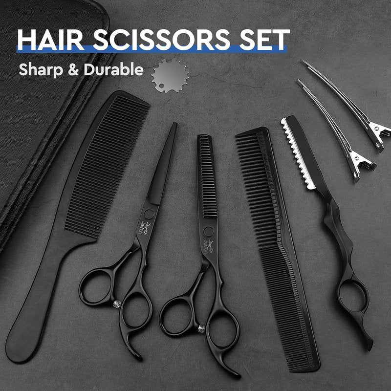 **Professional Hair Cutting Scissors Set - 10 PCS Kit with Thinning & Straight Shears | 6" Black for Home Salon & Barbers**