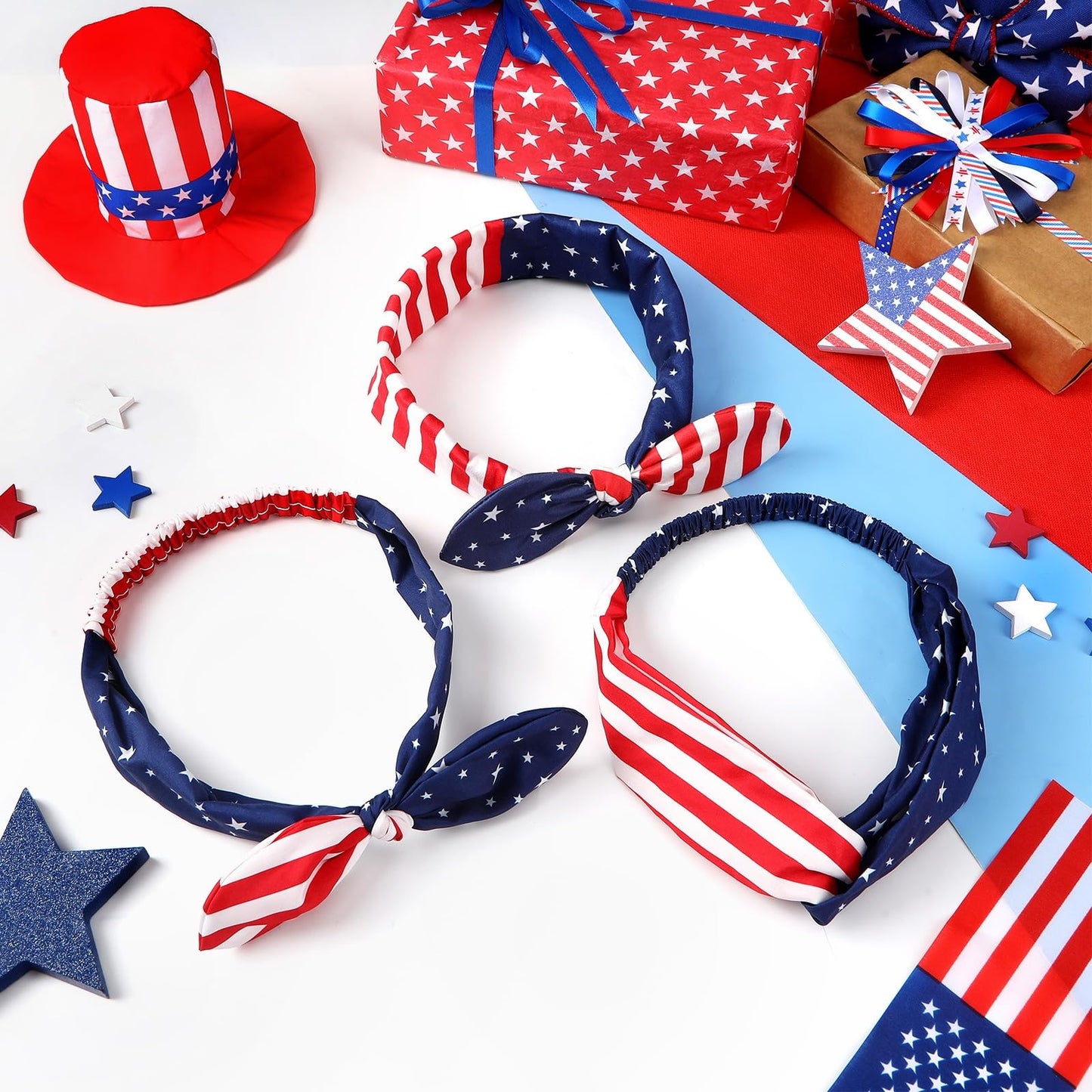 FEBSNOW 3 Pack 4th of July Headband, American Flag Knotted Headband