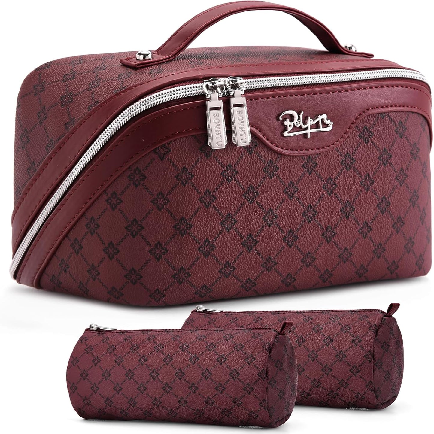 Travel Makeup Bag Set - Large Vegan Leather Cosmetic Organizer with Handle | 3 Pcs Portable Toiletry Bags in Coffee