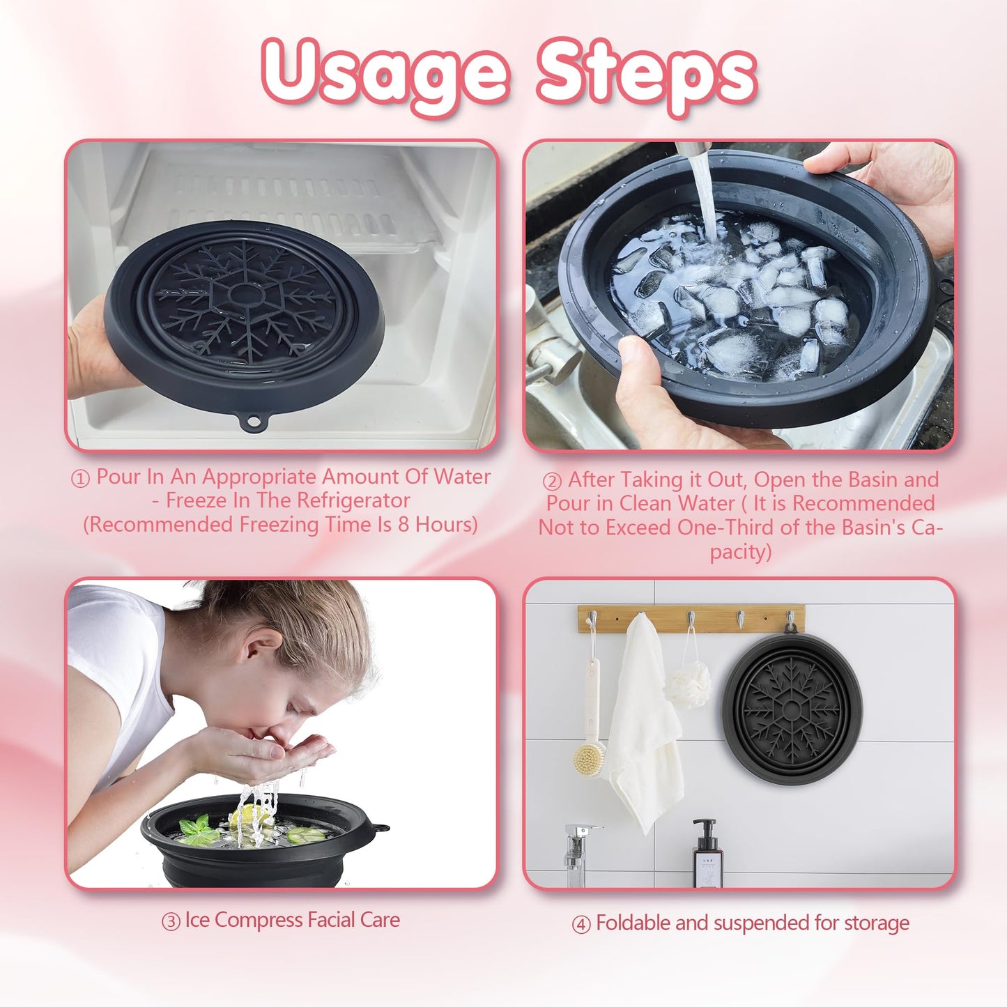KOOK UDU Silicone Face Ice Bath Bowl with Built-In Icetray,Silicone and Foldable Face Tub,Ice Bath Water Chiller,Skin Tightening and Acne Relief for Home & Travel (Black)