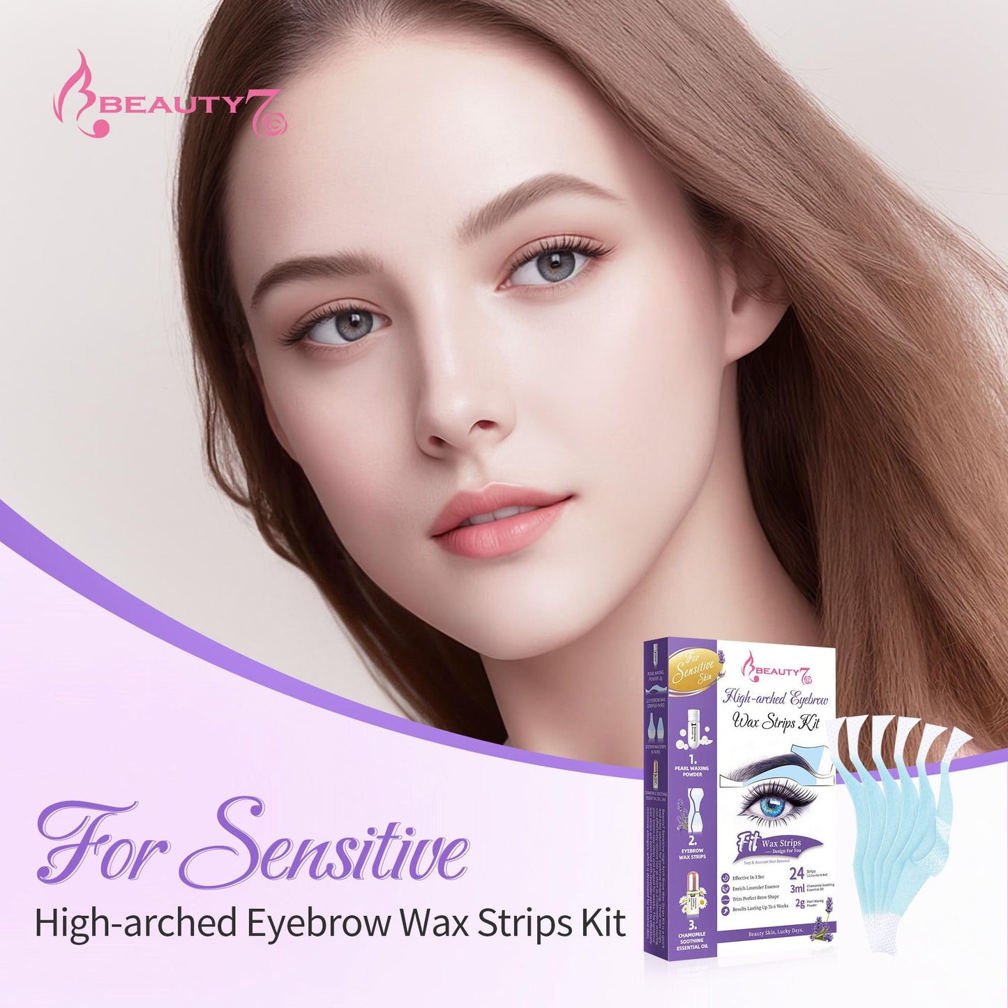 Beauty7 Sensitive High Arched Eyebrow Wax Strips, Eyebrow Waxing Strip 24 Strips with Pearl Powder Essential Oil for Sensitive Skin for Women