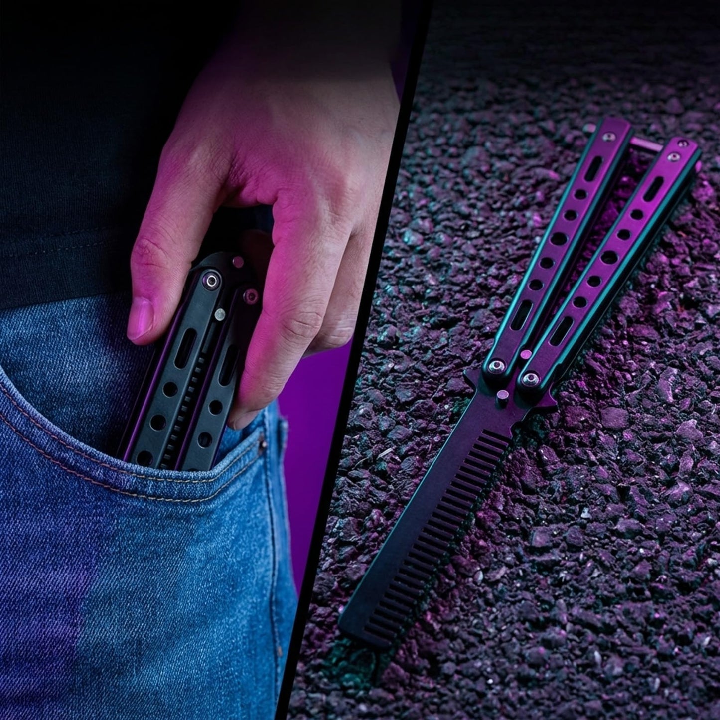 2PCS Automatic Switch Folding Practice Combs Stainless Steel Butterfly Knife Comb Wood Grain and Square Black Switchblade Combs Portable Switch Blade Comb for Men Grooming Travel Outdoor