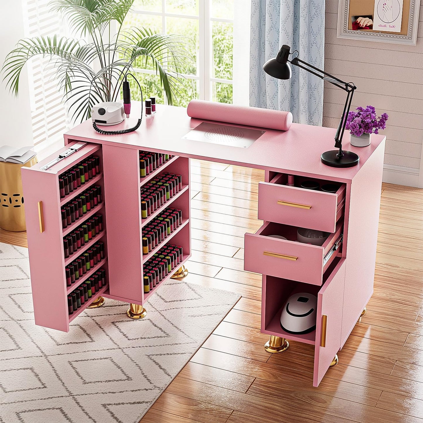 MOMOKOVA Manicure Table with Dust Collector, Modern Nail Station Nail Desk for Nail Tech with Wrist Rest, Storage Drawer & Cabinet, Beauty Salon Workstation, Pink