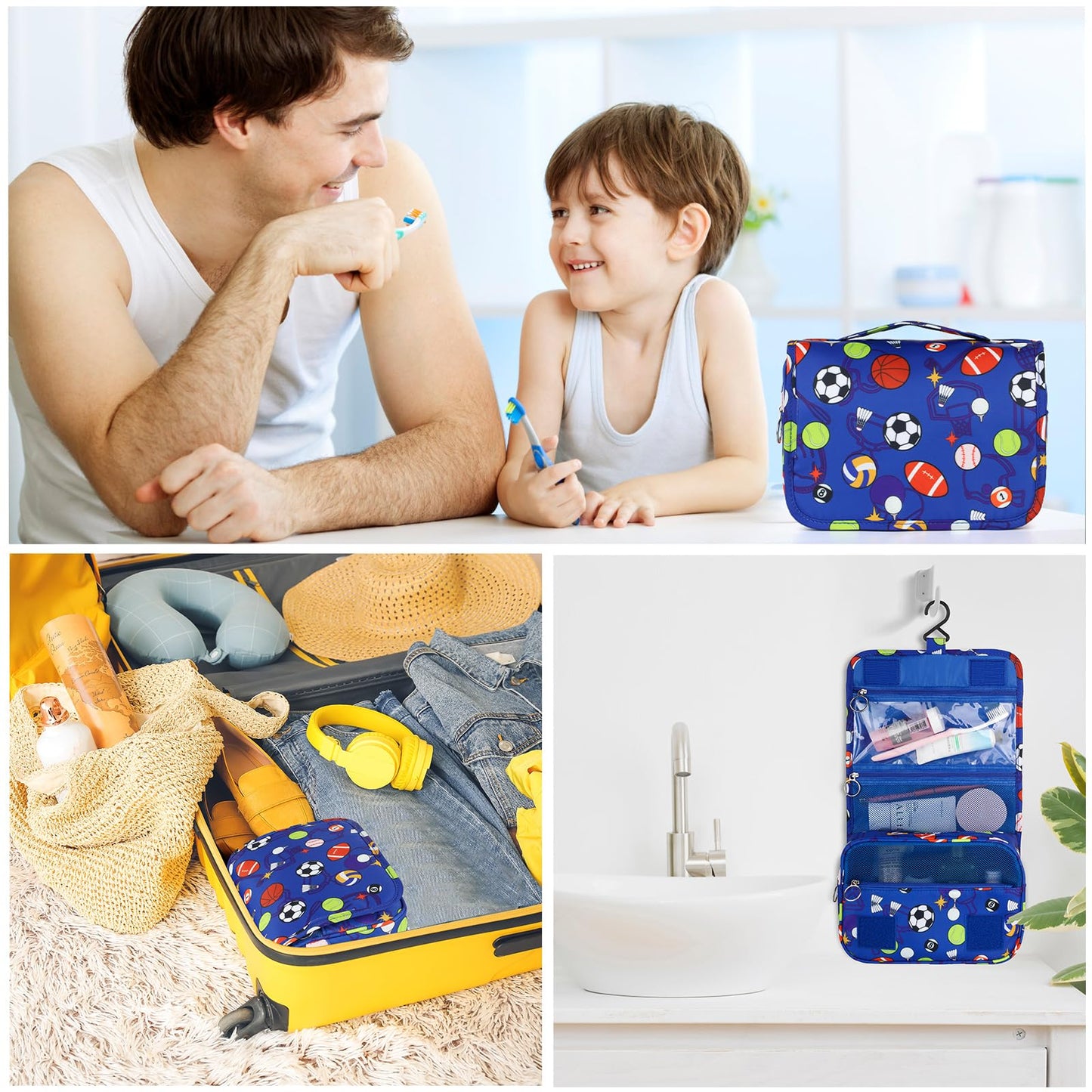 Vipdeal Kids Hanging Toiletry Bag for Boys, Travel Toiletry Bag for Little Young Boys Waterproof Wash Bag Toddler Traveling Toiletries, Soccer Balls Blue