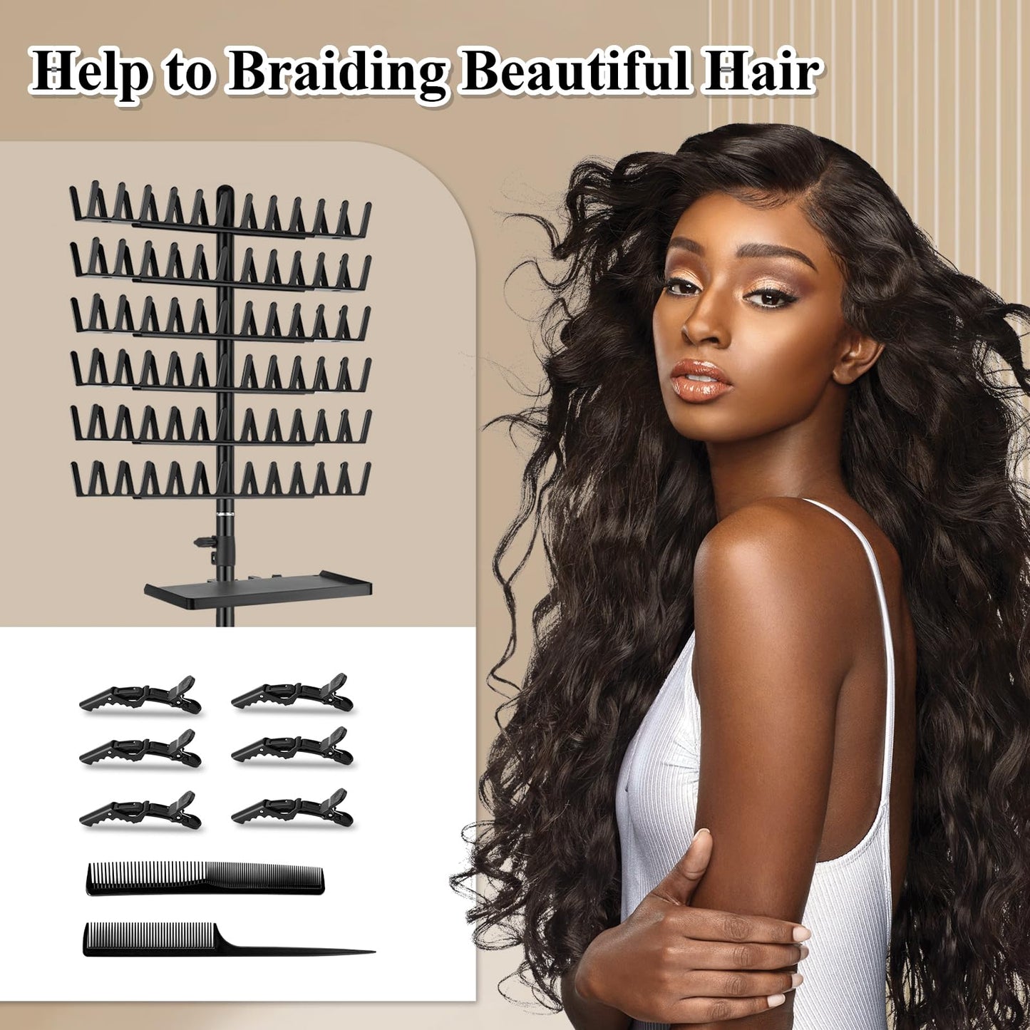 OLMRJKD Braiding Rack with Tray, 144 Pegs Height Adjustable, 2-side Hair Extension Holder, Hair Stand with Stylist Tools for Salon/Home/Travel (Black)