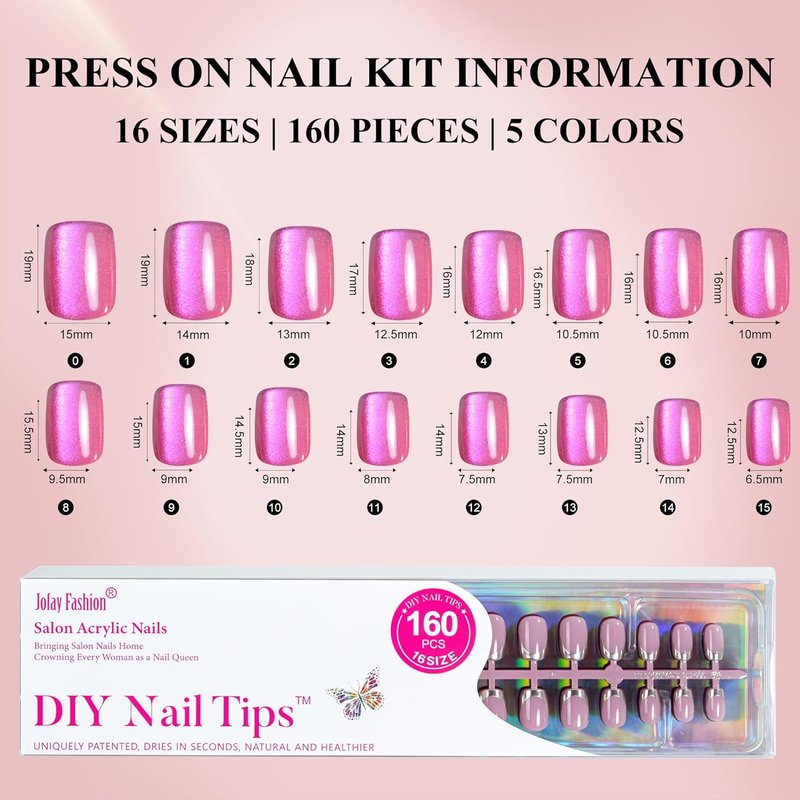Press On Nails - Short 5 Styles | 160Pcs Acrylic Fake Nails with Chrome, Rainbow & Cat Eye Designs
