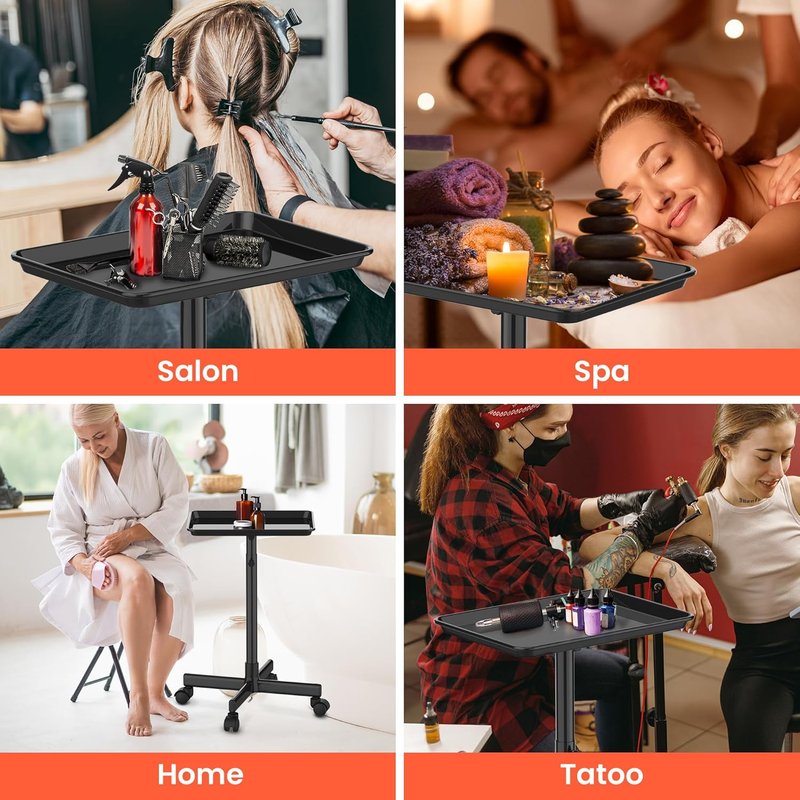 Salon Tray on Wheels - Adjustable Rolling Trolley for Hair, Tattoo & Clinic Essentials | Ample Storage - Black