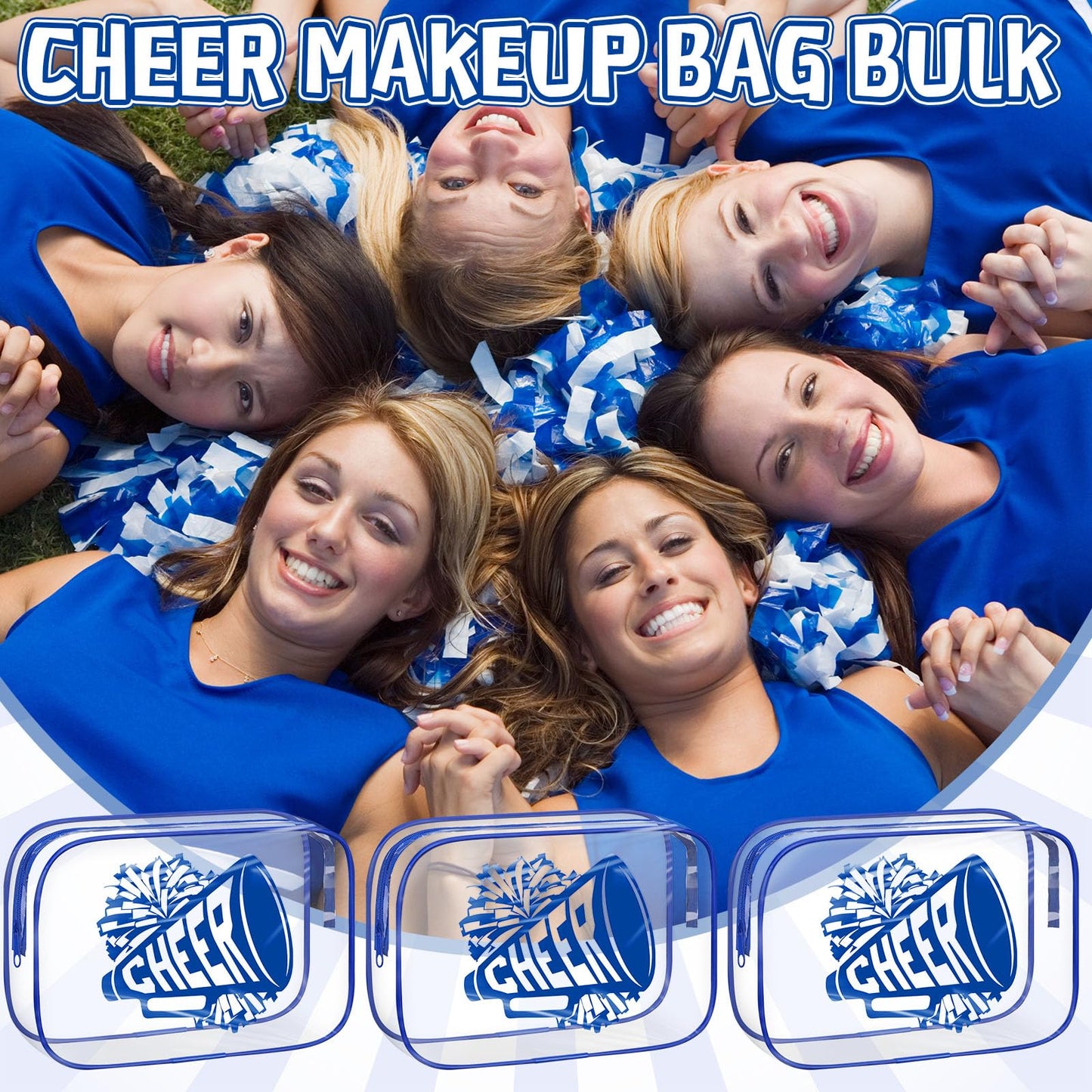 Kacctyen 24 Pcs Cheer Team Gifts Cheer Makeup Bag Bulk for Team Sport Gifts PVC Clear Cosmetic Bag Cheerleader Makeup Case Toiletry Zipper Pouch for Sport Cheerleading, 7x4.7x2.4''(Blue)