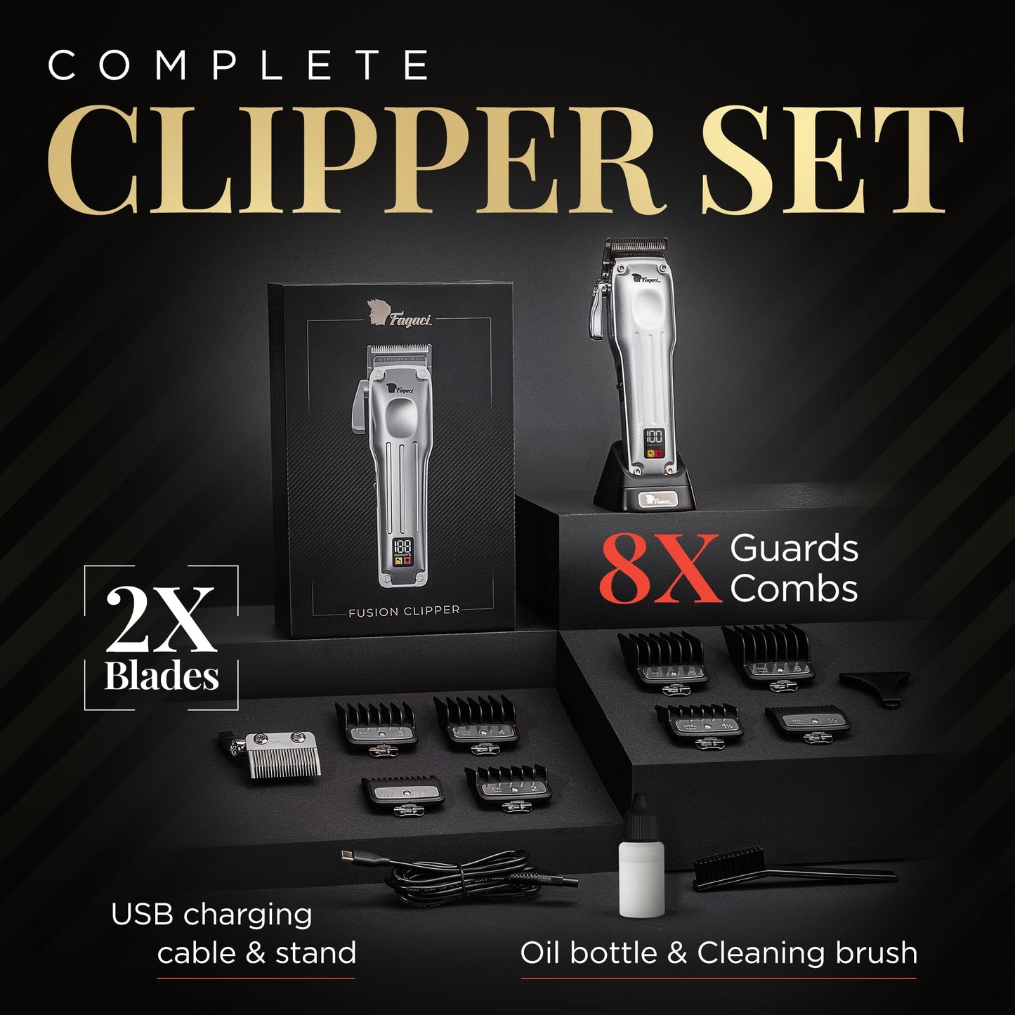 Fagaci Professional Hair Clippers for Men, Cordless Barber Kit, Brushless