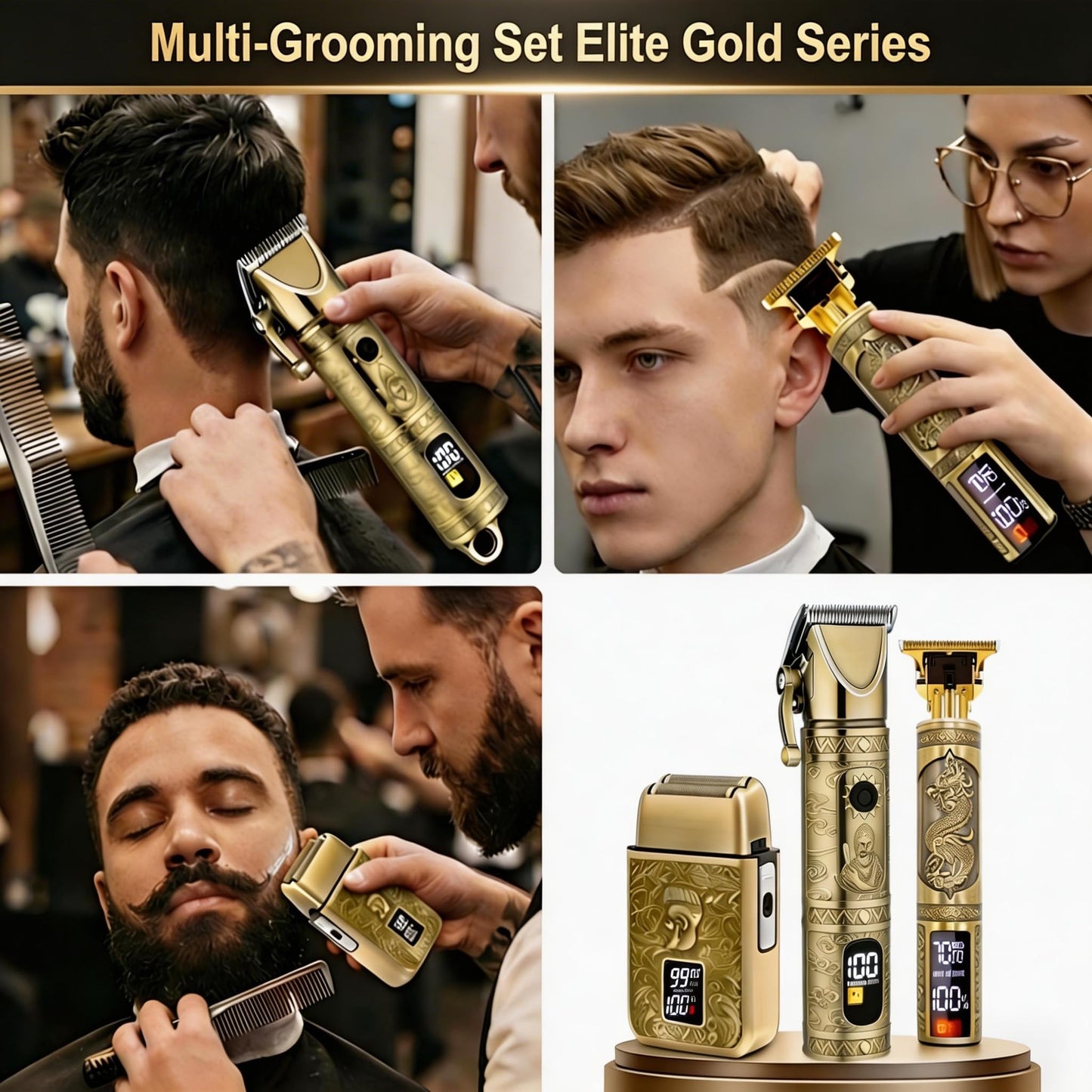 Hair Clippers for Men Professional, Beard Trimmer Kits & Sets, Cordless Mens Hair Trimmer, Electric Shavers, Haircutting Machine with LED Display (Bronze-3in1)