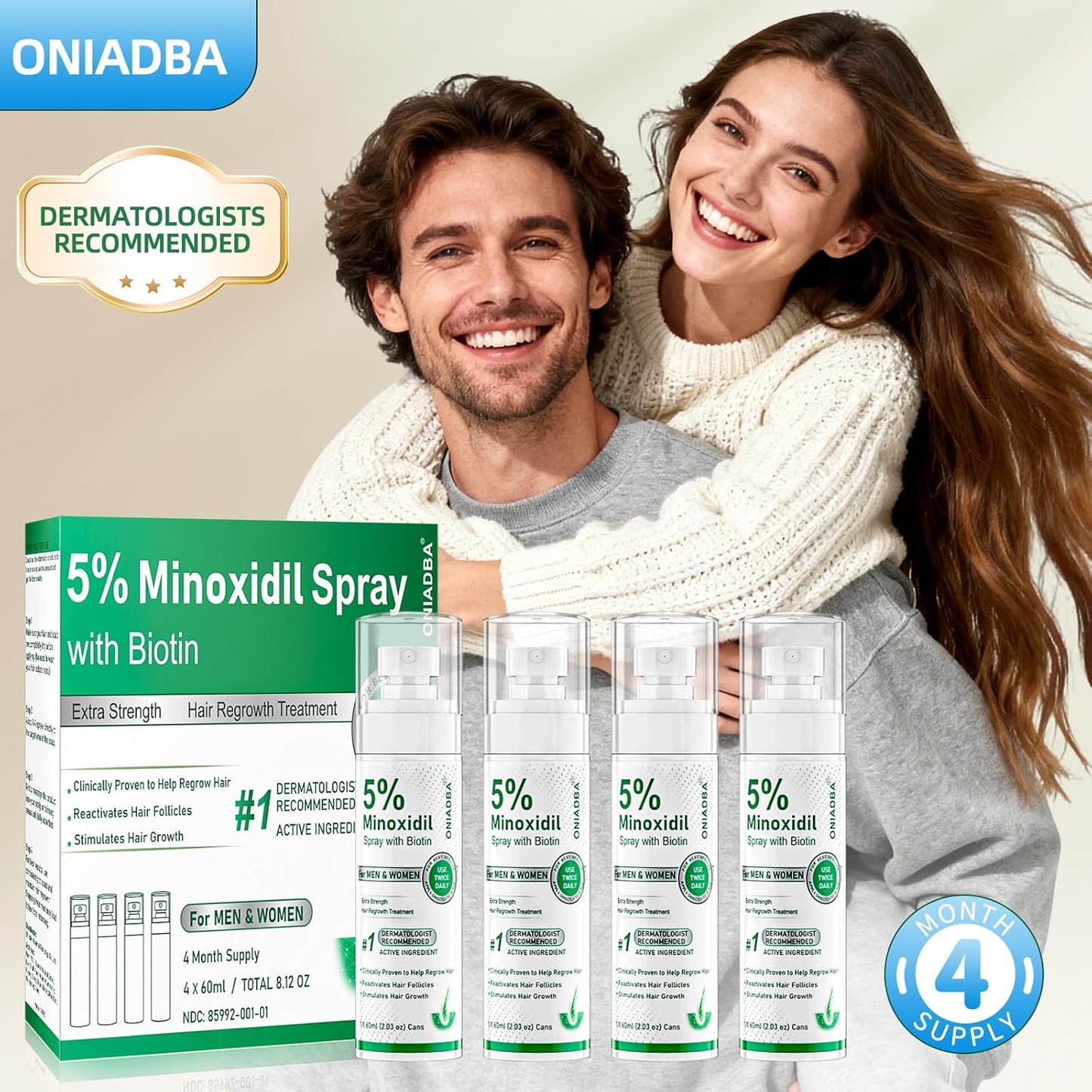 5% Minoxidil Hair Growth Spray - Extra Strength Regrowth Treatment with Biotin & Castor Oil | 4-Pack (8.12oz) for Men & Women