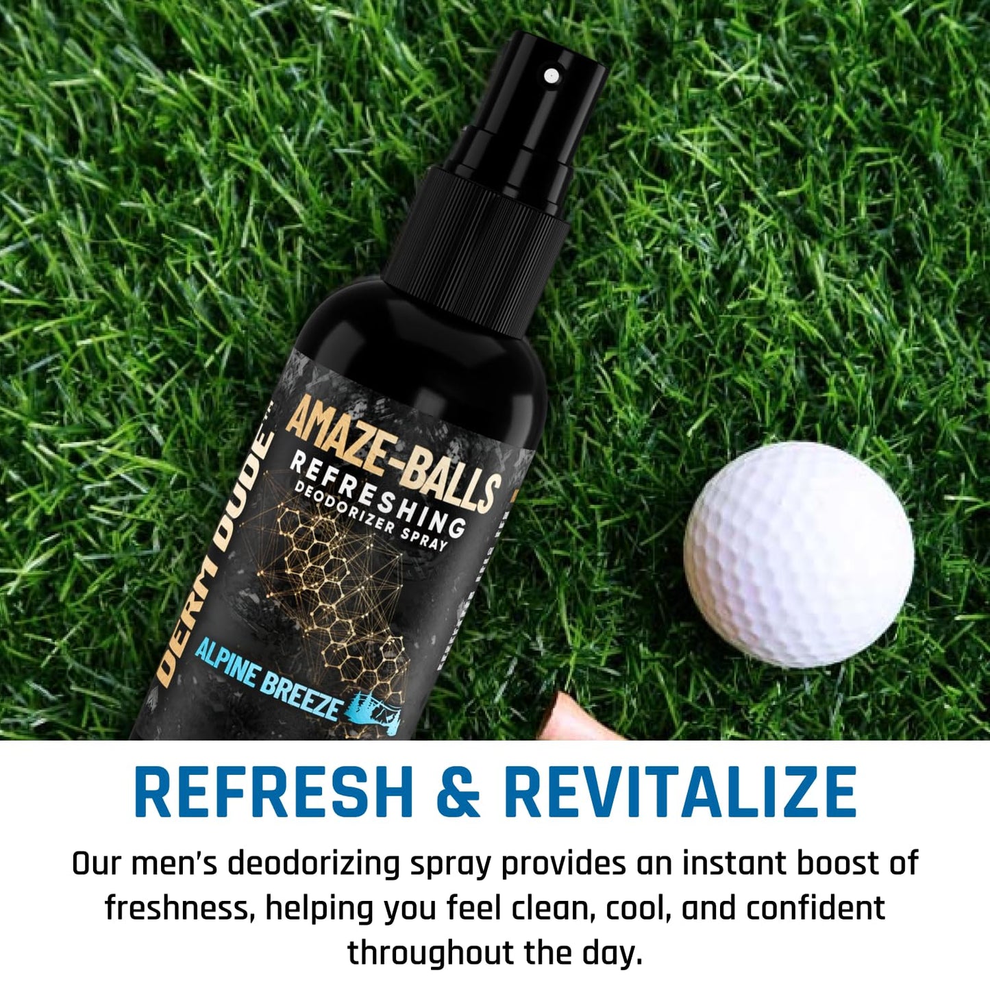 Derm Dude Amaze Ball Deodorant Spray for Men | Anti-Chafing Groin & Sack Spray with DeoPlex & Aloe Vera | Odor & Sweat Control for Private Parts | Alpine Breeze Scent, Talc-Free, 2oz