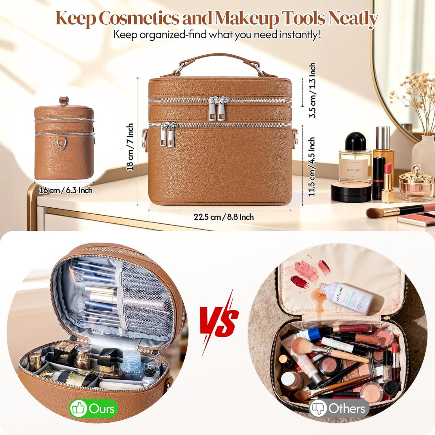 Leather Makeup Bag Organizer - Double Layer Vanity Case with Compartments | Large Capacity, Portable Travel Storage in Brown